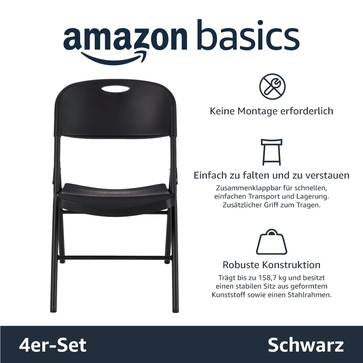 Amazon Basics Klappstühle aus Kunststoff und Metall, 4er-Set, Campingstuhl, Küchenstuhl, drinnen und draußen, Schwarz, bis 158 kg