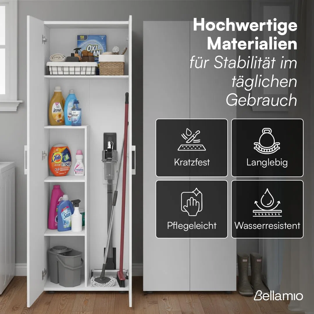 Bellamio Mehrzweckschrank Set 2-teilig – Schrank-Set mit Aktenschrank & Besenschrank in Weiß – Vorratsschrank mit Staubsaugerfach – Haushaltsschrank Holz 60 cm breit – Allzweckschrank 2 Stück