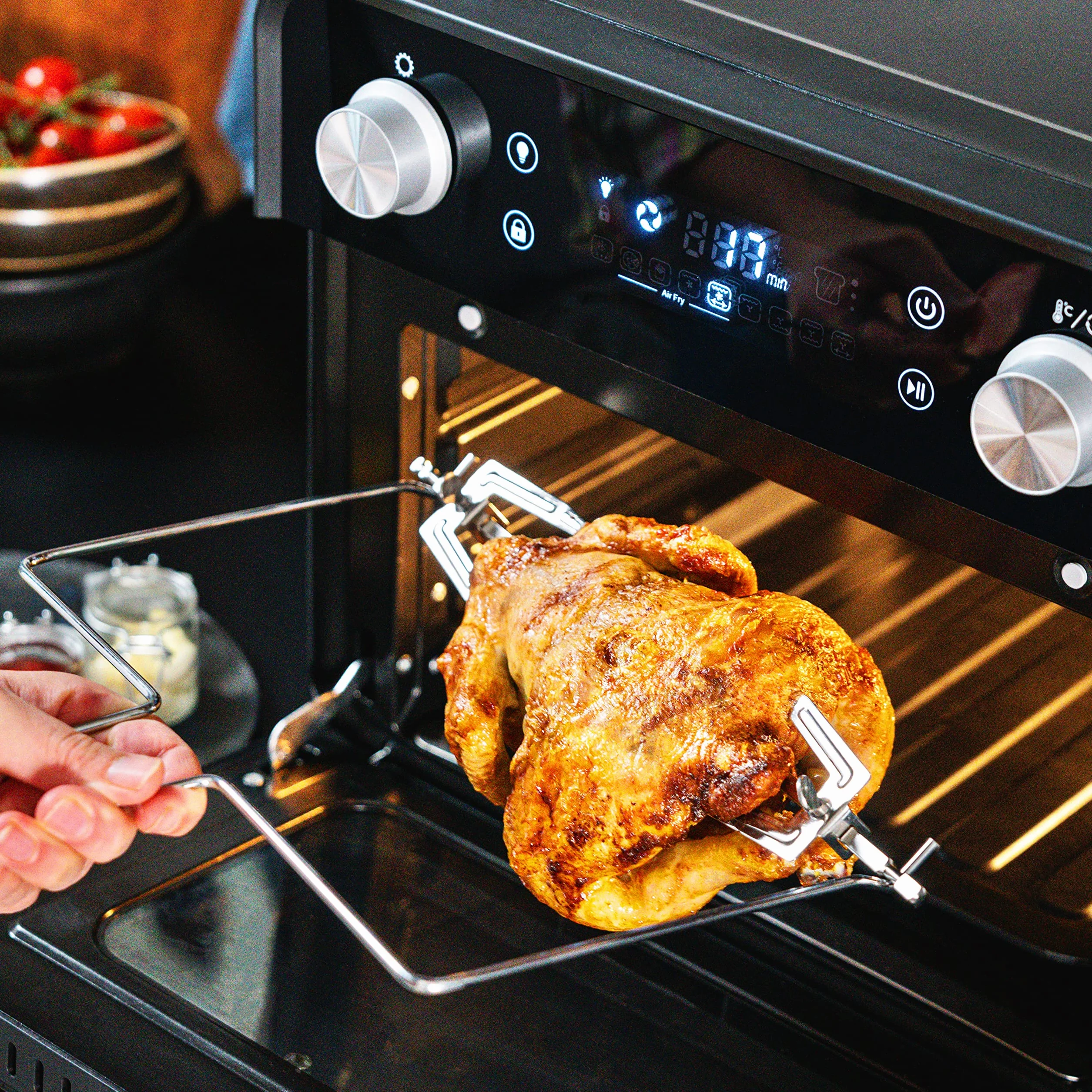 GASTROBACK #42815 Design Ofen Air Fry & Pizza, 1680 Watt, 5 IN 1: Pizzaofen, Heißluftfritteuse, Mini-Backofen, Grill-Drehspieß und Dörrgerät, 22 Liter Kapazität, 3 Einschubebenen
