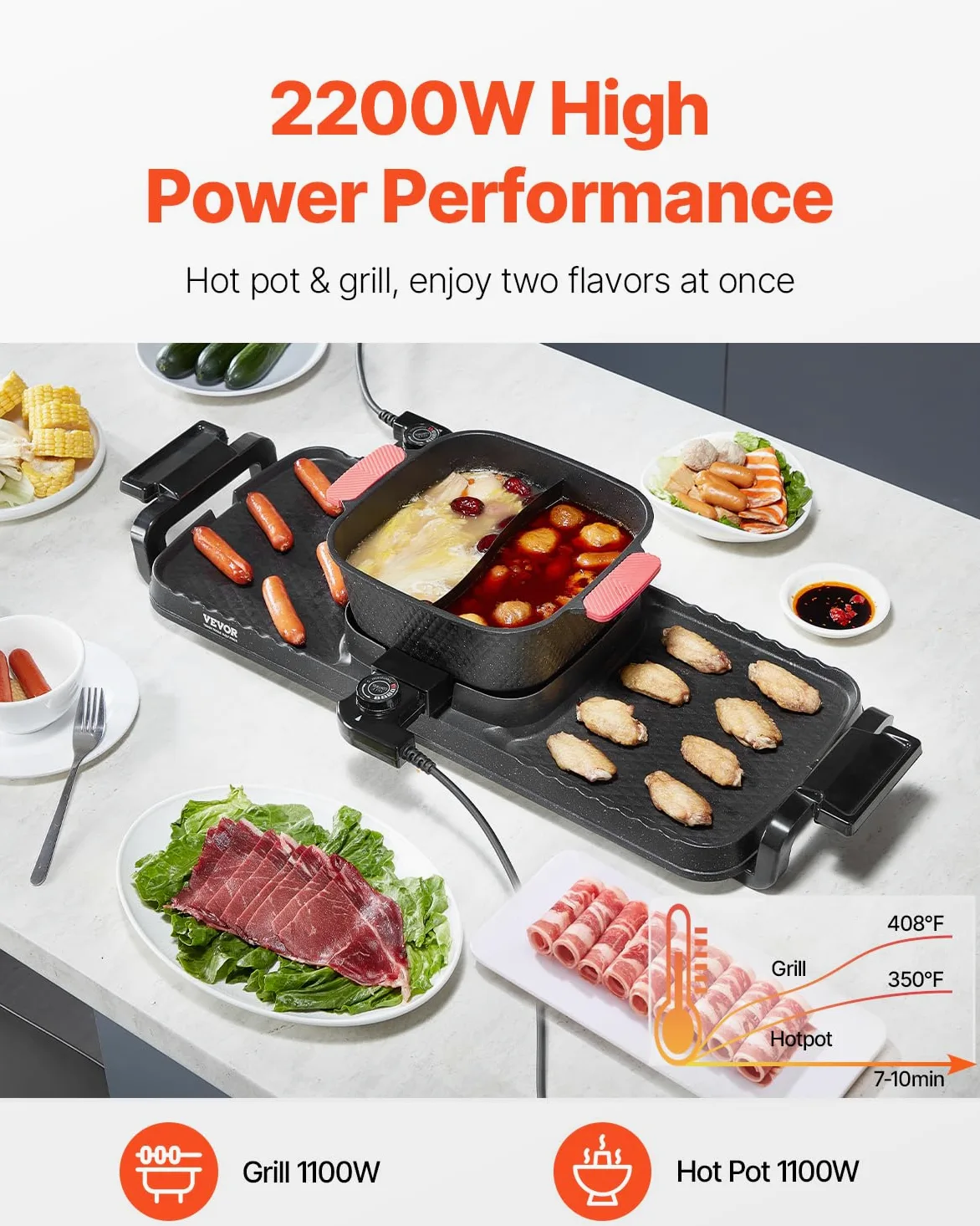 VEVOR Hot Pot 2300 W 2 in 1 elektrischer rauchfreier Grill abnehmbarer Shabu-Shabu-Topf mit Antihaft-Pfanne, separate doppelte Temperaturregelung, koreanischer Indoor BBQ Grill für 1–6 Personen