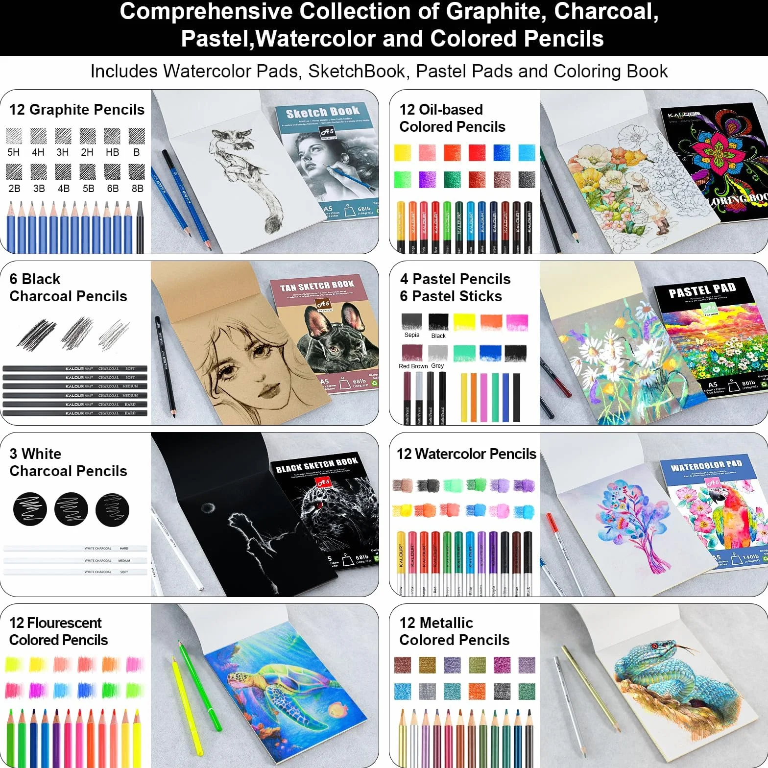 KALOUR PDAS 109 Zeichen Set Skizzenset, Pro Kunstbedarf mit Neon-, Farbstiften, Aquarell-, Metallic-, Graphit- und Kohlepenseln, 6 Skizzenbüchern und Malbuch, Geschenk für Erwachsene, Teenager