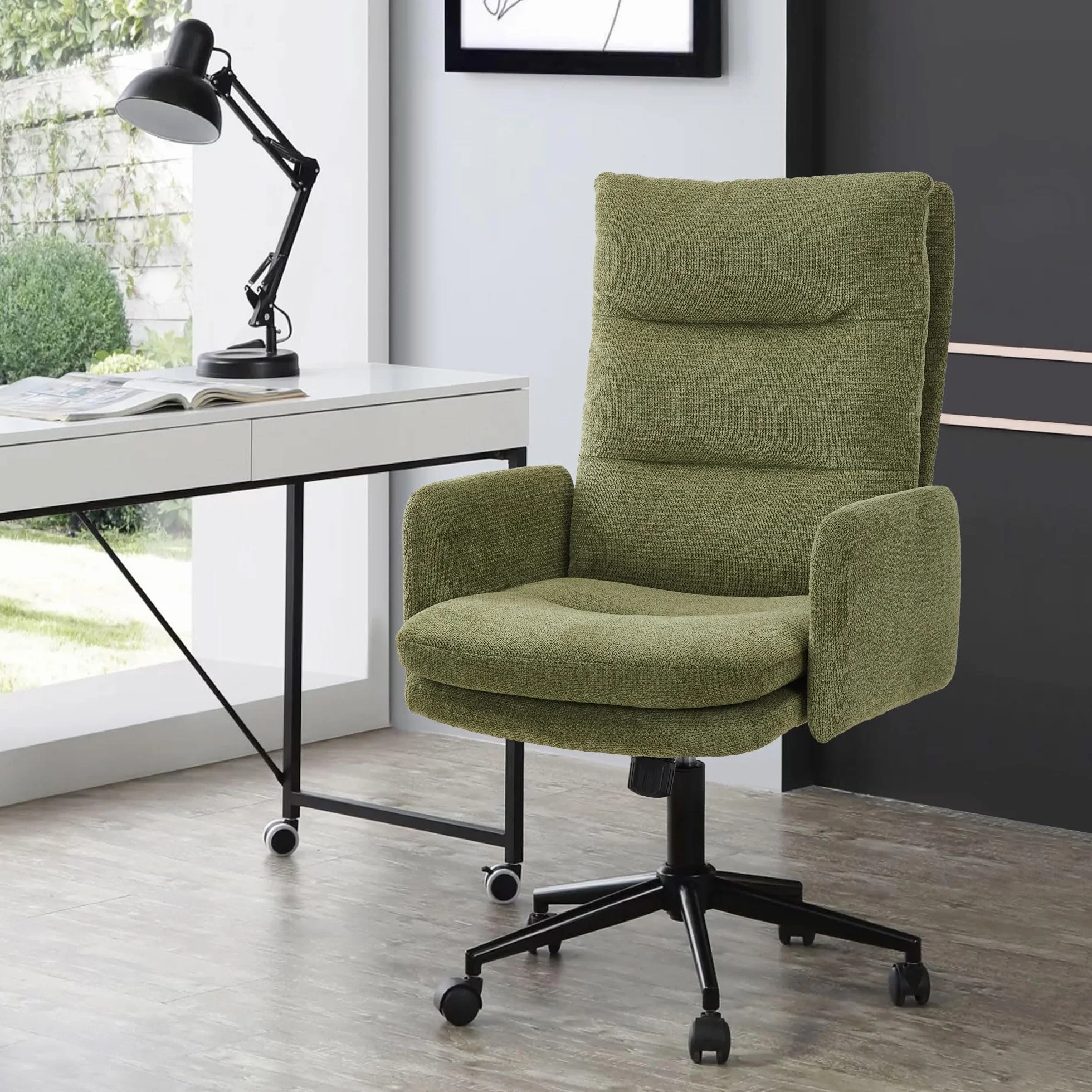 IWMH Schreibtischstuhl mit Hoher Rückenlehne,Bürostuhl Ergonomisch aus Kaschmir, Schminktisch Stuhl mit Armlehne, Drehstuhl Höhenverstellbarer Buero Wohnzimmer (Grün)