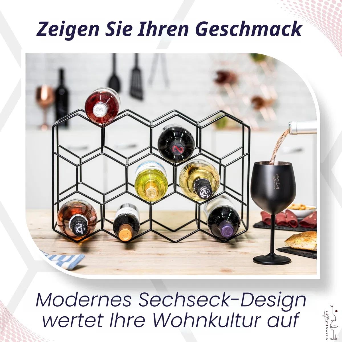Gusto Nostro Weinregal für den Tisch - Modernes Schwarzes Metall-Weinregal für 14 Flaschen - 3-Stufiges Flaschenregal für Tisch, Schrank & Speisekammer - Keine Montage Erforderlich