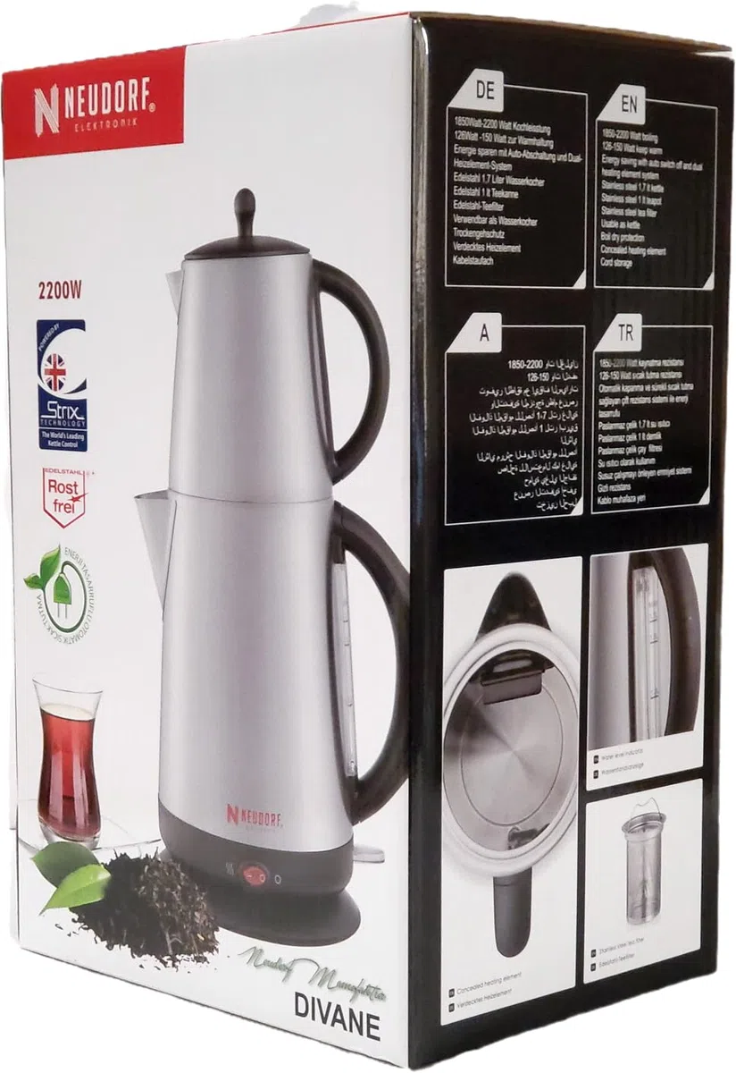 Elektronik Teemaschine DIVANE (schwarz) mit autom. Abschaltung & Warmhaltefunktion/ 2200 & 150 Watt/robuste sparsame Technik/Duales-Heizsystem/Überhitzungsschutz/Edelstahl/ 1 & 1,7 Liter
