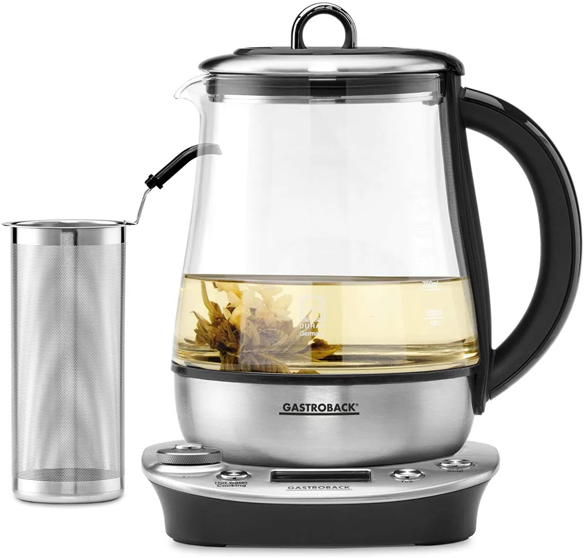 Gastroback 42438 Design Tea and More Advanced Automatischer Teekocher und Wasserkocher, Multifunktionsgarer, Edelstahl/Glas