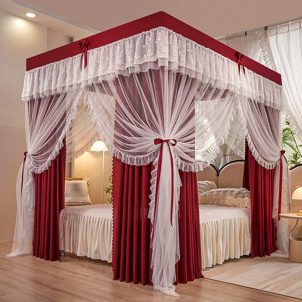 Prinzessin Betthimmel Vorhang Moskitonetz mit vier Öffnungen Rüschen-Design Schlafzimmer Dekoration