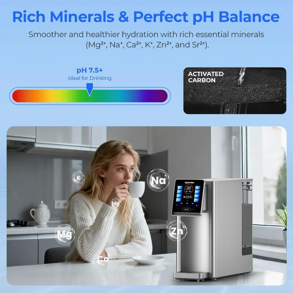 W100 UV Auftisch Umkehrosmoseanlage Wasserfilter, Heißwasserspender, Remineralisierung und pH-Gleichgewicht, 6-Stufiger Filterung Filter, 3:1 Rein zu Abfluss, Echtzeit-TDS-Monitor