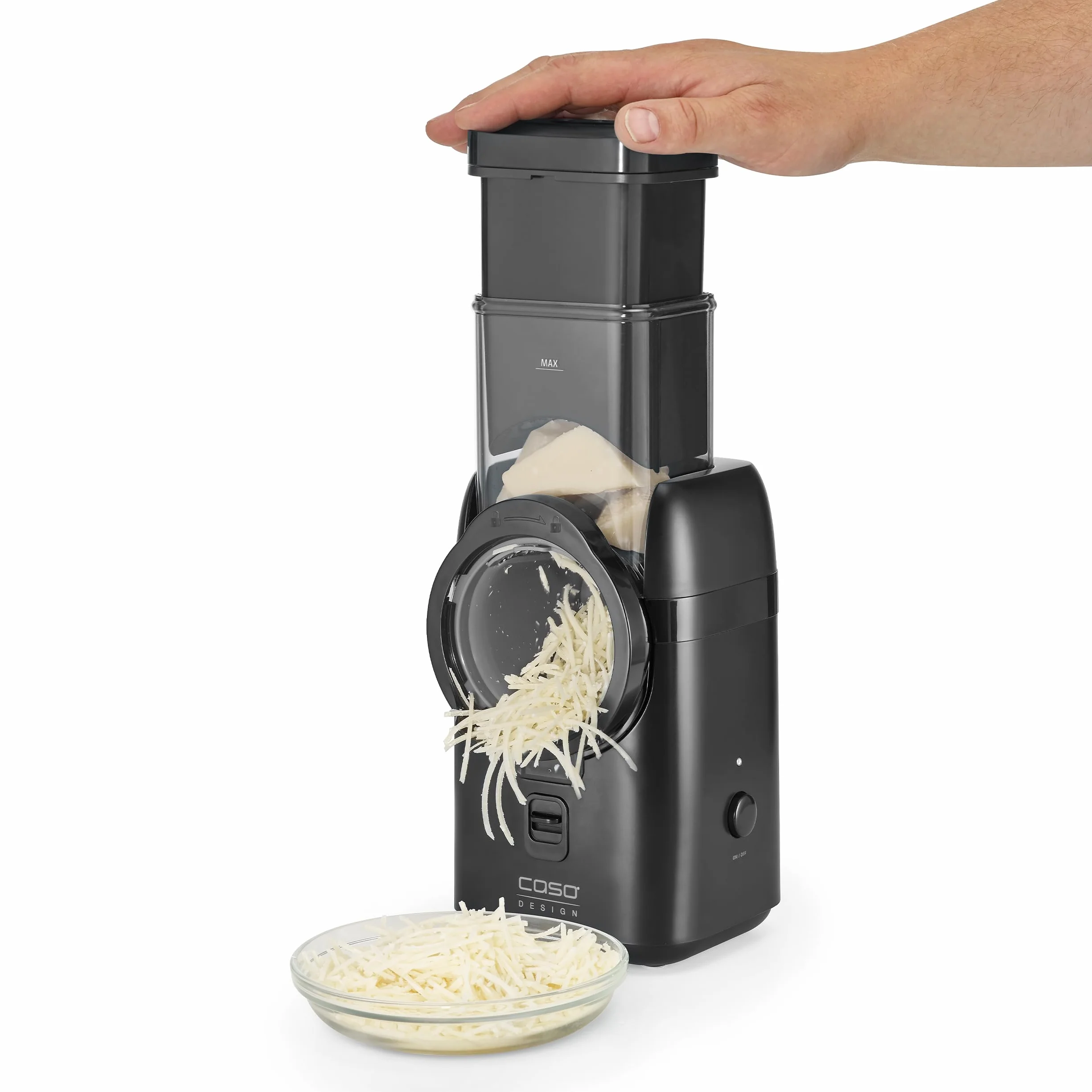 CASO MultiSlicer, Elektrische 5-in-1 Multireibe, Reiben & Raspeln von Obst, Gemüse,Käse & mehr, 5 Einsätze, Safety-Stopp, One-Touch-Bedienung, Kompakt & Kraftvolle 80 Watt