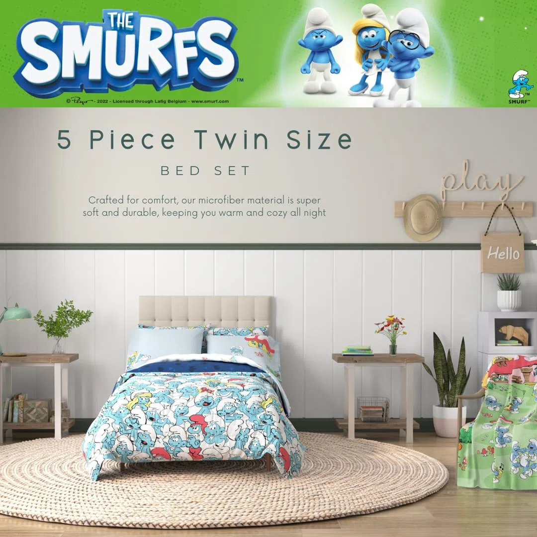Franco The Smurfs Kinder-Bettwäsche-Set, superweich und gemütlich, wendbar, Mikrofaser, mit Kissenbezug, 5-teiliges Doppelbett, offizielles Lizenzprodukt