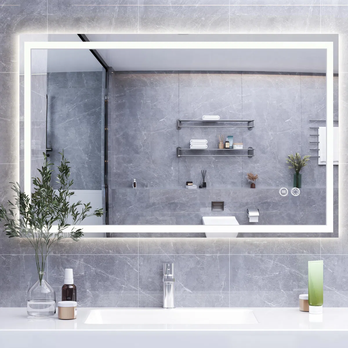 HySail Badspiegel mit Beleuchtung, 5mm Hochauflösender Silber-Spiegel, 3 Farbtemperaturen & Dimmbare Helligkeit, Wandspiegel mit Touch-Schalter & Anti-Beschlag