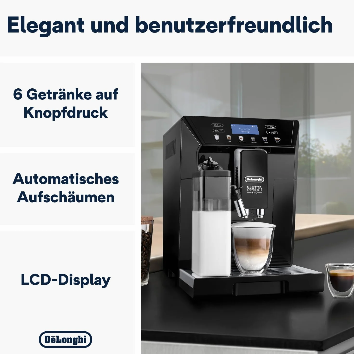 De'Longhi Eletta Evo ECAM 46.860.B Kaffeevollautomat mit LatteCrema Milchsystem, Cappuccino und Espresso auf Knopfdruck, LCD Display und Sensor-Touch-Tasten, schwarz