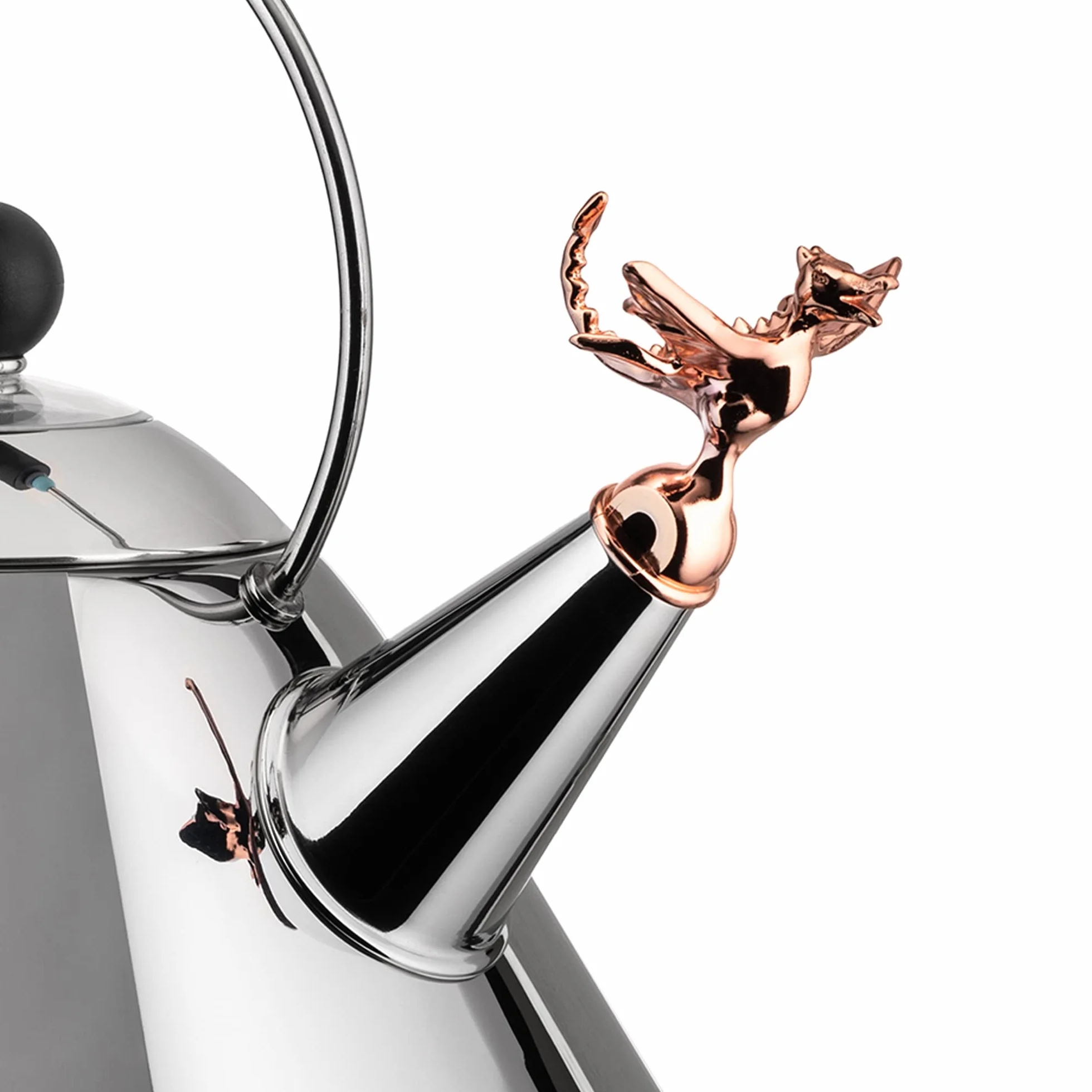 Alessi 9093REX B Tea Rex Wasserkessel - Edelstahl 18/10 glänzend poliert mit schwarzem Griff und Kupfer metallisierter Flöte in Form eines prähistorischen Reptil