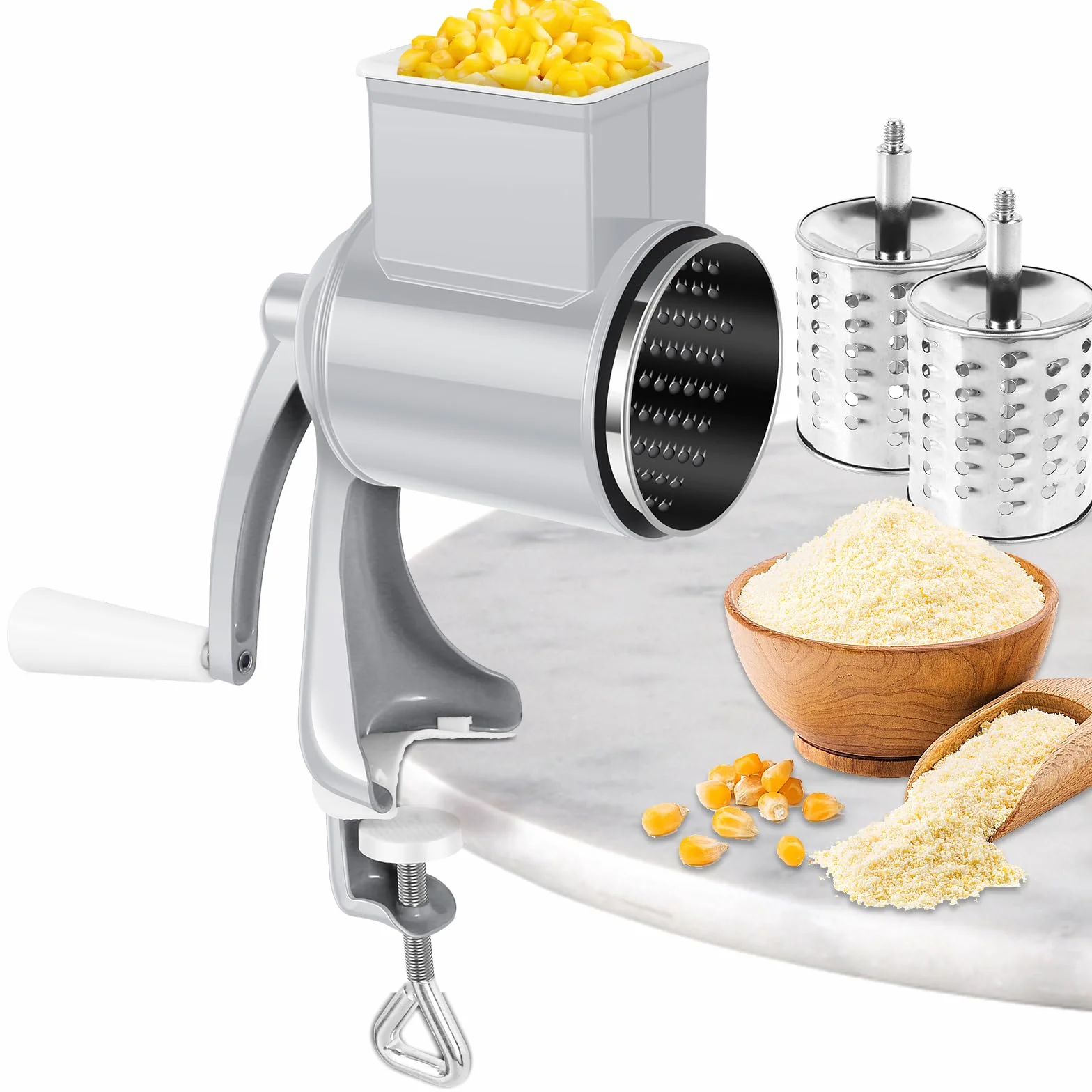 Manuelle Nussmühle mit Kurbel Edelstahl Trommelmühle Nüsse mit 2 Abnehmbaren Trommelblättern Multifunktion Mandelmühle Manuell für Nuss Mandel Mais Käse Gurken Karotten (Weiß)
