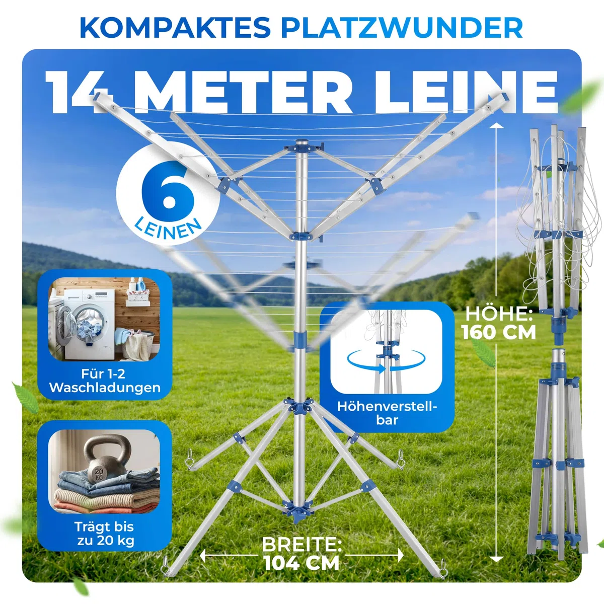 Monzana Wäschespinne Höhenverstellbar Camping Wäscheständer Wäscheleine Garten