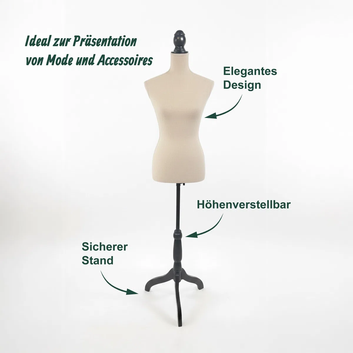 Relaxdays Schneiderpuppe weiblich, Größe 36/38, verstellbar 130–167 cm, Samt, Holzständer, Nähpuppe, Champagner/schwarz