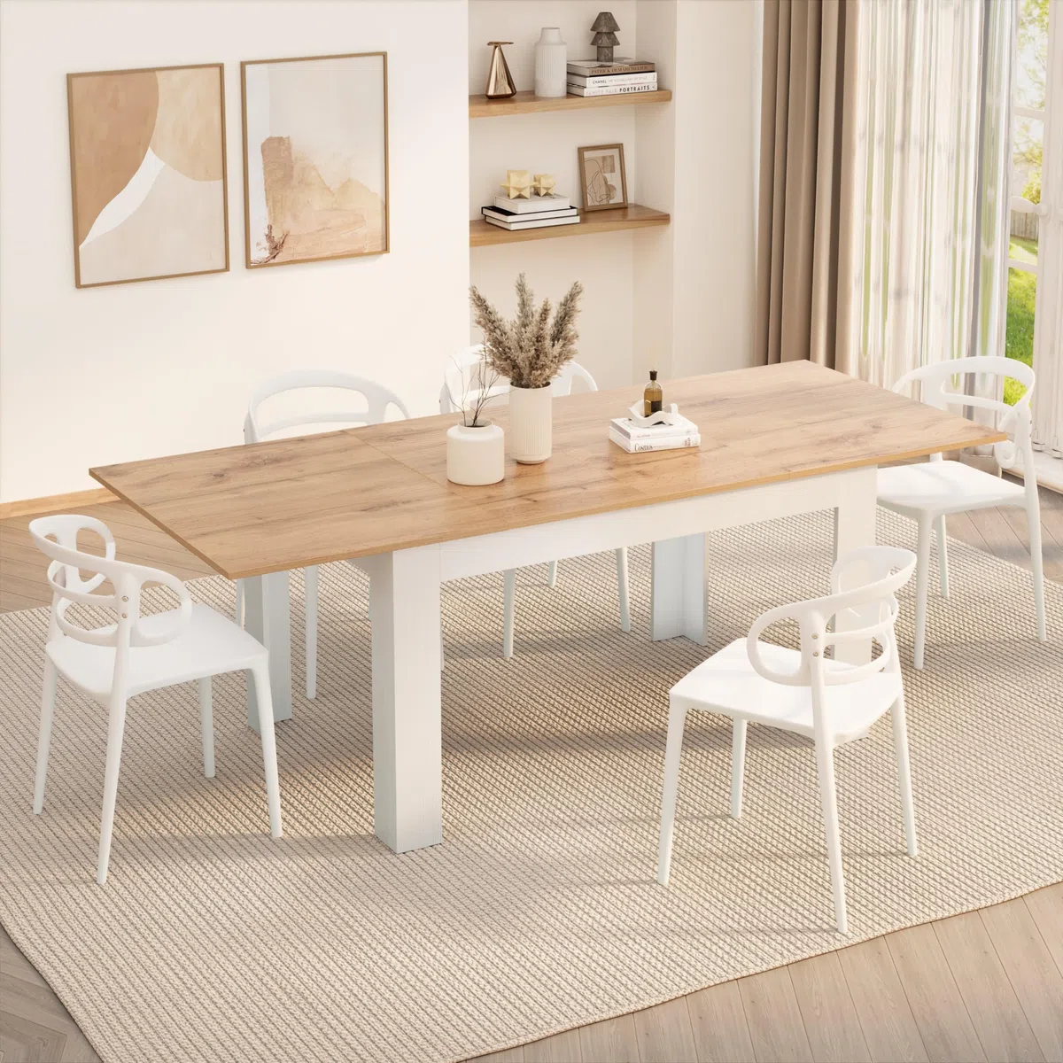 MOBILI FIVER, Ausziehbarer Esstisch Easy, 140(220) x90 cm, Rustikale Eiche und Esche Weiss, Made In Italy
