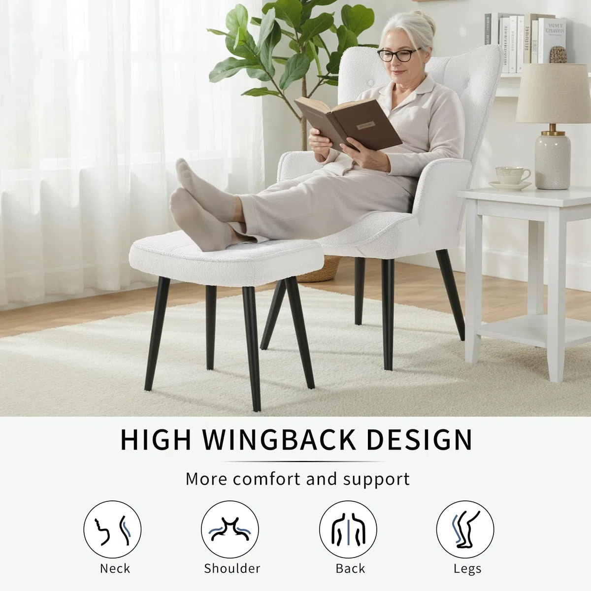 CLEVICH Ohrensessel - Gemütlicher Loungesessel mit Hocker, Lesesesselaus, Teddystoff Armchair für Wohnzimmer & Schlafzimmer - Bis 168kg, Weiß
