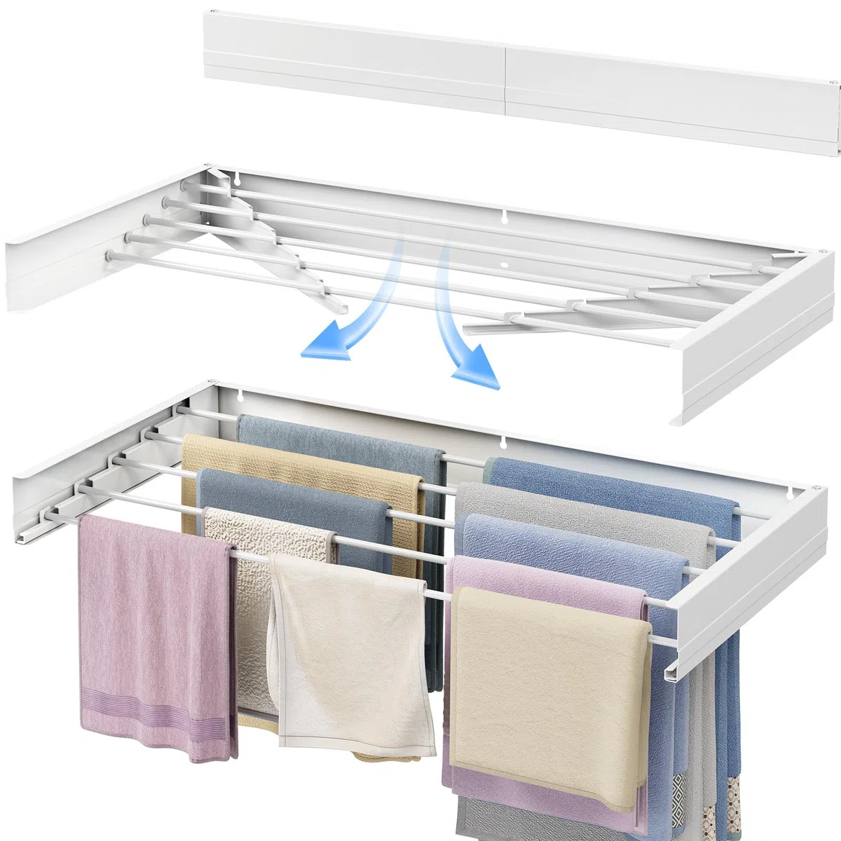SYKIARIOL Wäscheständer Wandmontage, faltbar für drinnen oder draußen, Wäscheständer Wand, Wandwäschetrockner Ausziehbar für Innen oder Außen,Balkon, Weiß