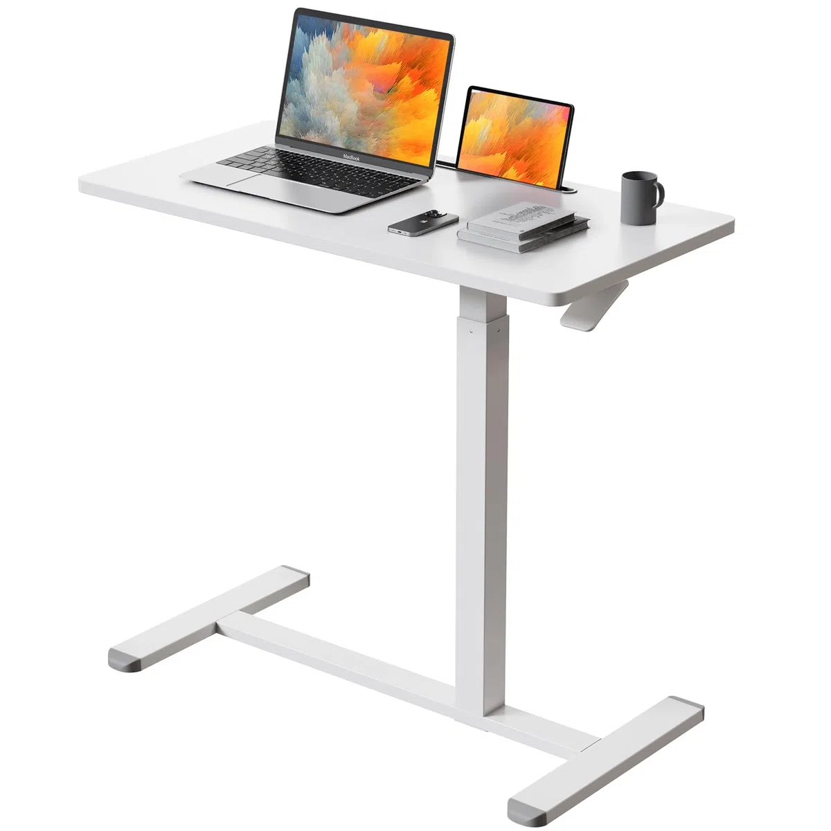 Gibbon Mounts Mobiler Höhenverstellbarer Schreibtisch, Laptoptisch mit 4 Rollen (80 x 40 cm), Stehpult Computertisch Klein, Beistelltisch C Form Couchtisch für Heimbüro, Weiß