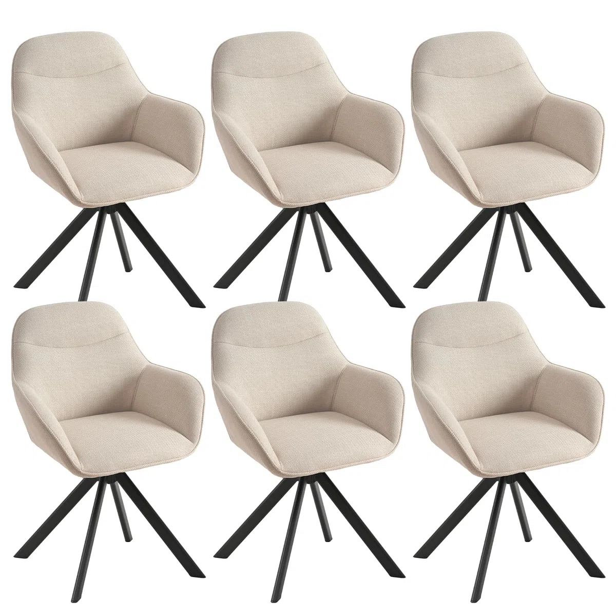 Drehbare Esszimmerstühle 6er Set mit Armlehne, 360° drehbar Beige, Polsterstuhl aus Leinen, Küchenstuhl Armlehnstühle mit Metallbeine und Rückenlehne für Esszimmer Küche Büro