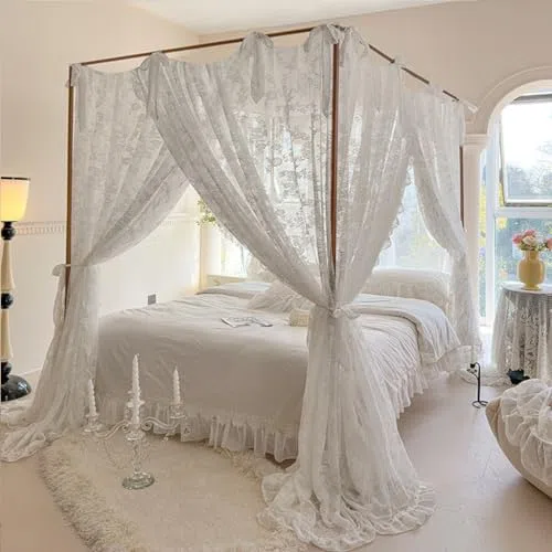 Elegante Spitze Prinzessin Moskitonetz Bettvorhang Baldachin für Mädchen Frauen Hochzeit Schlafzimmer Dekoration (Typ 3-Beige)