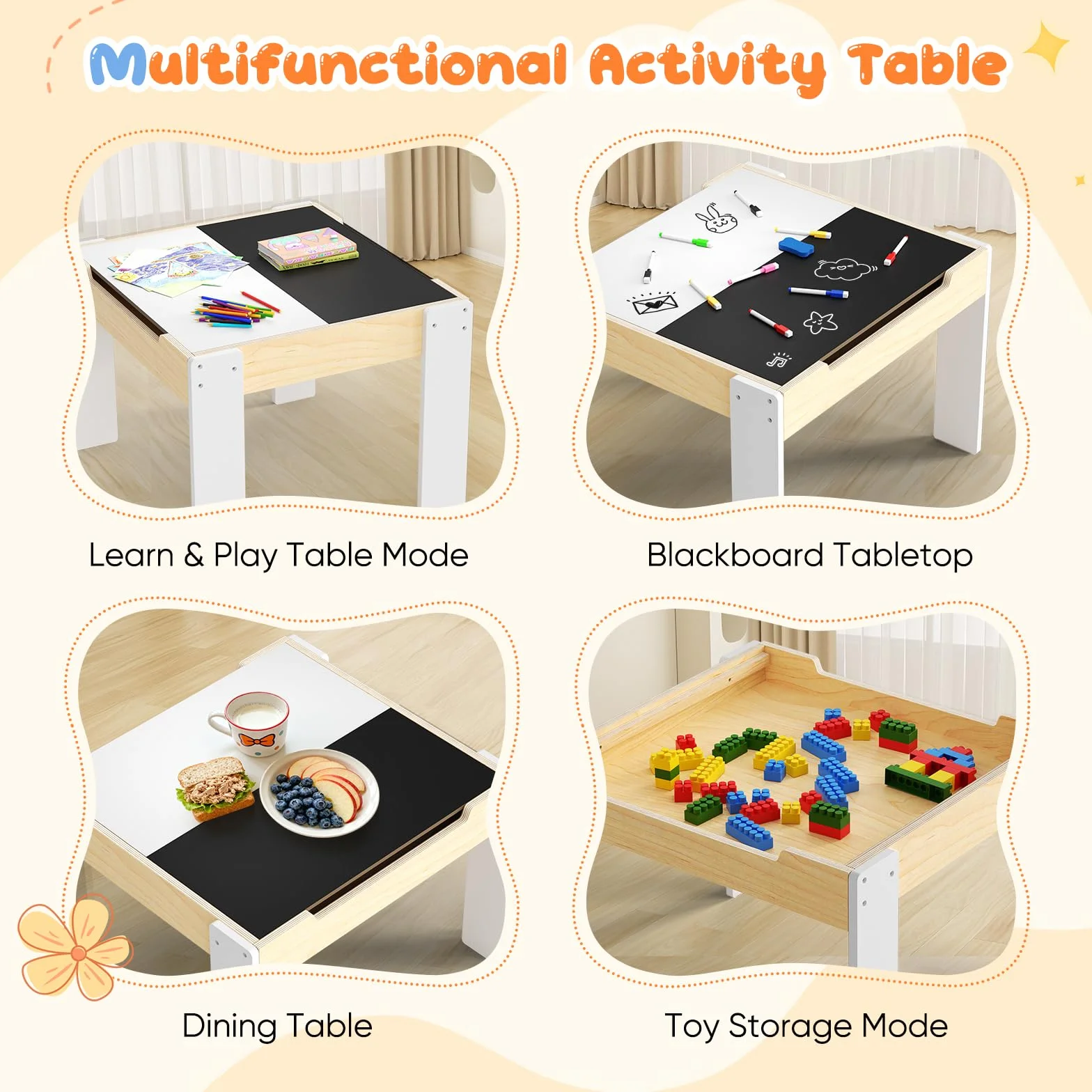 Kindertisch Stuhl Set mit 2 Stühlen, Multifunktionaler Spieltisch mit Tafel, Holz Lernmöbel mit Stauraum, Ergonomischer Kindertisch für Lernen Malen Spielen Weiß Naturholz
