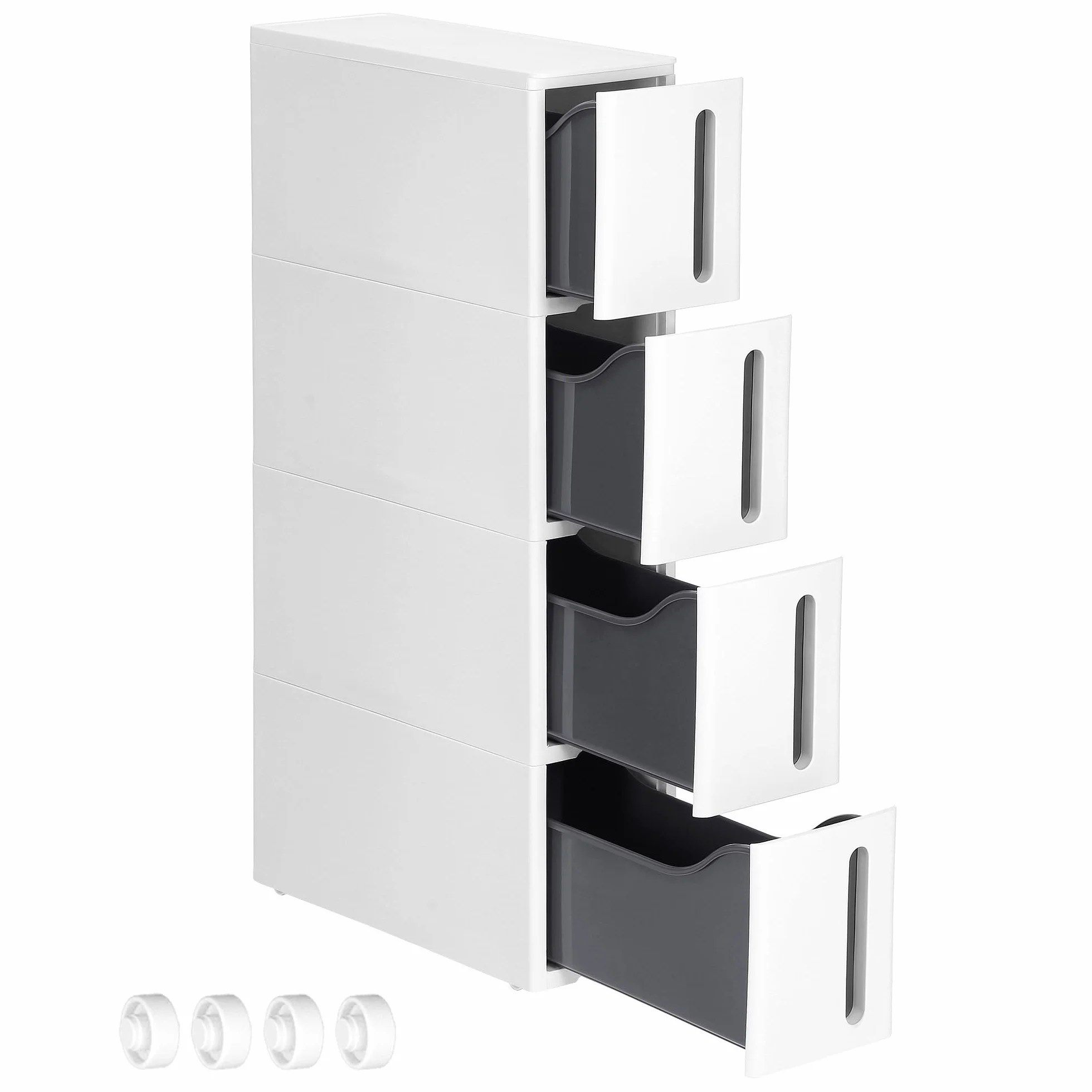 SONGMICS Nischenregal mit Rollen, Rollwagen mit 4 Schubladen, 17,3 cm breit, Badregal schmal, Rollregal, Küchenregal, PP-Kunststoff, platzsparend, 45,2 x 17,3 x 84 cm, weiß-grau KFR008G01