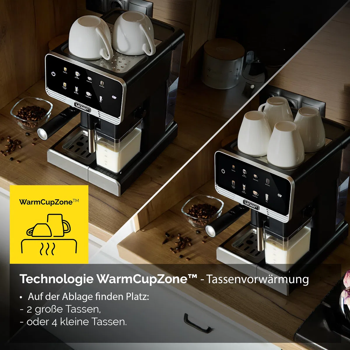 Yoer Kaffeevollautomat mit Milchsystem, Kaffeemaschine, 8 automatische Programme, Touchscreen, 20 bar, 1350W, Milchaufschäumer, Espresso, Cappuccino & Latte, 2-Tassen-Funktion, Creamo EMF03BK, schwarz