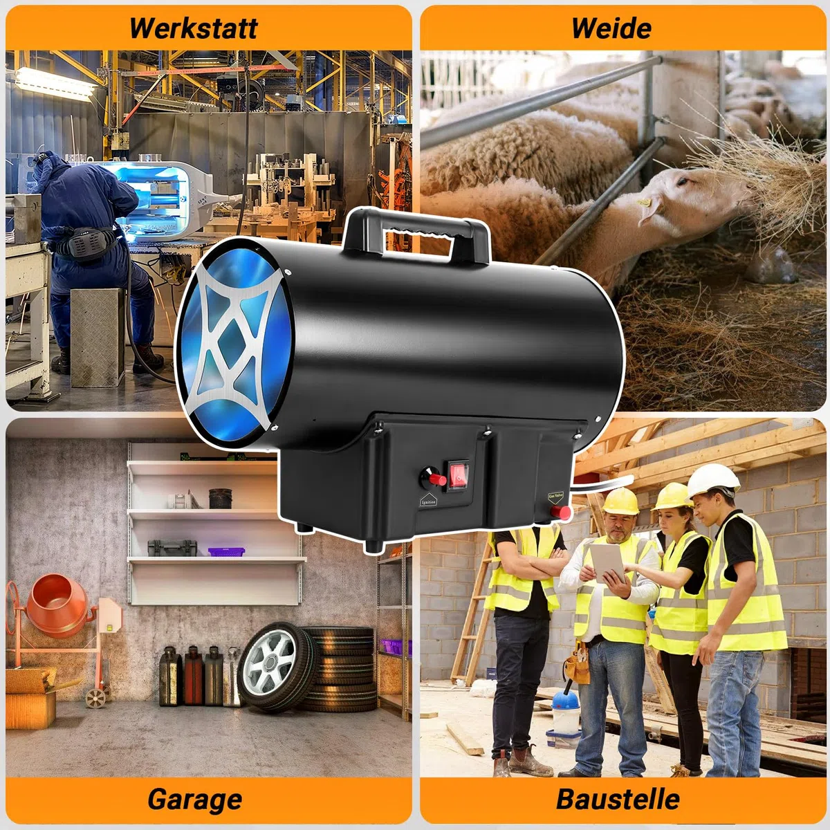 Gasheizgebläse 15 kW Gas Heizgerät inkl Verbindungschlauch und Gasdruckregler 700mbar, Wirksame Fläche: 225m²,für Baustellen, belüfteten Lagerräumen, Garagen usw
