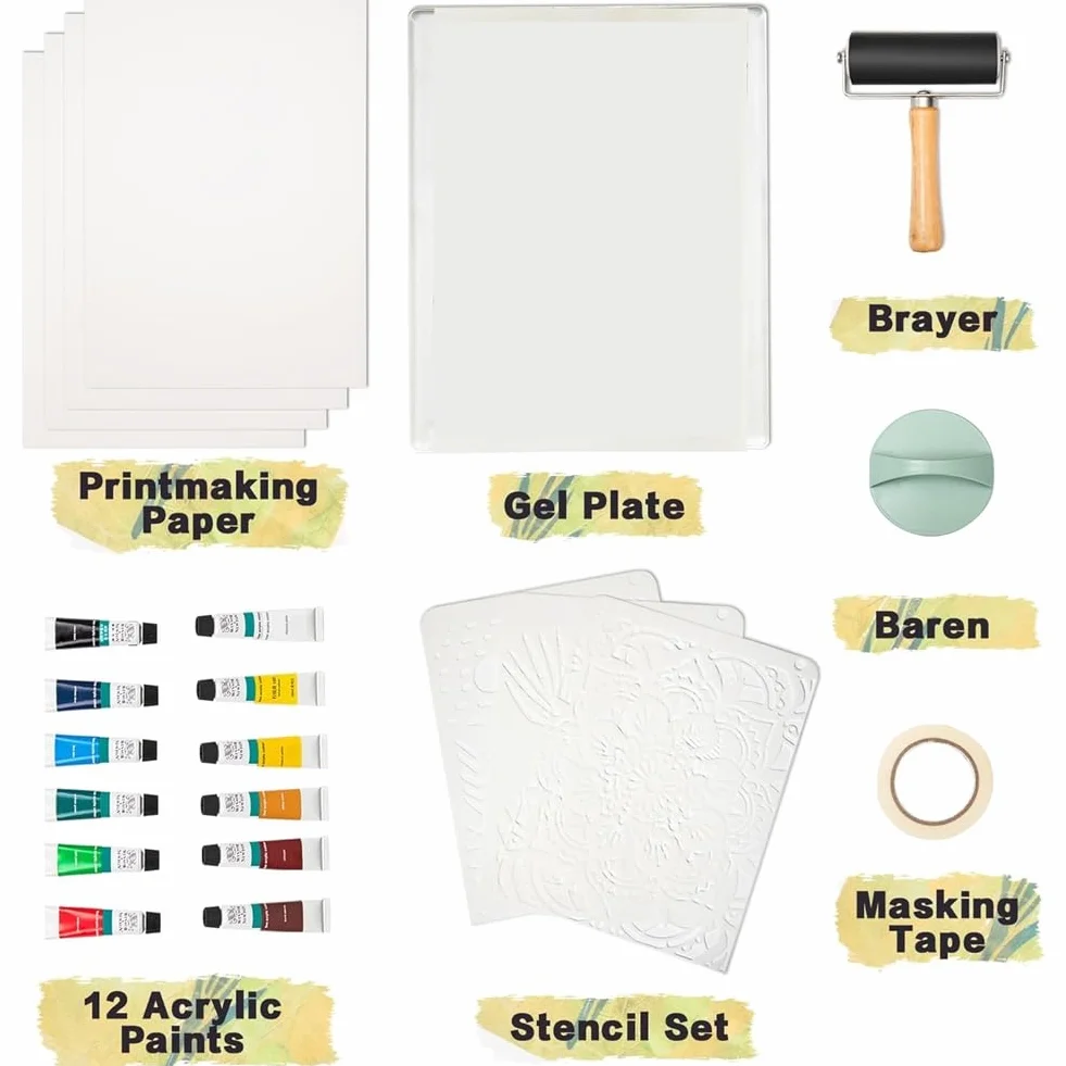 Gelatineplatte 8 "X 10", Gel Druckplattenkit, Druckpapier, Acrylfarbe für Kunst, Monoprinting -Karte