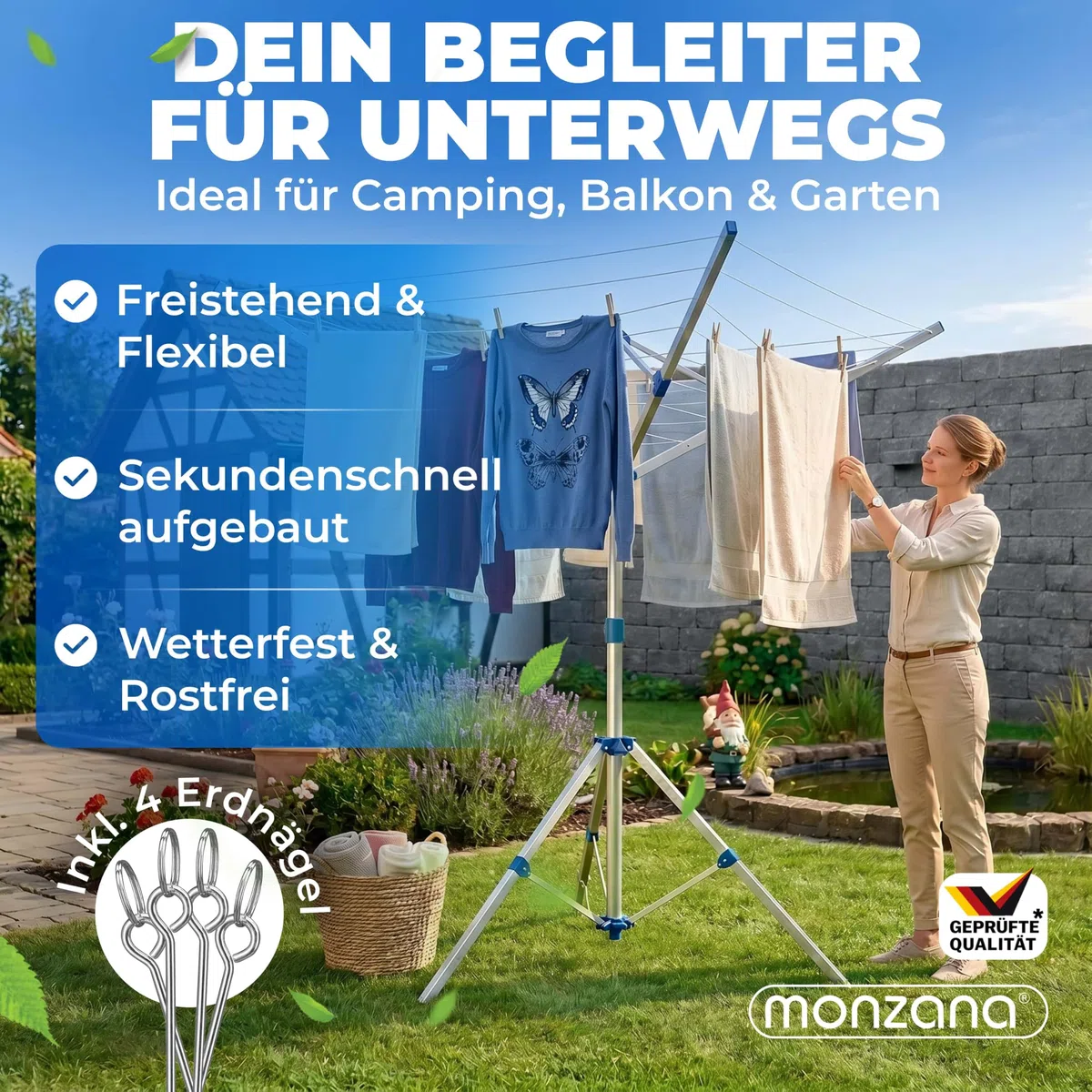 Monzana Wäschespinne Höhenverstellbar Camping Wäscheständer Wäscheleine Garten