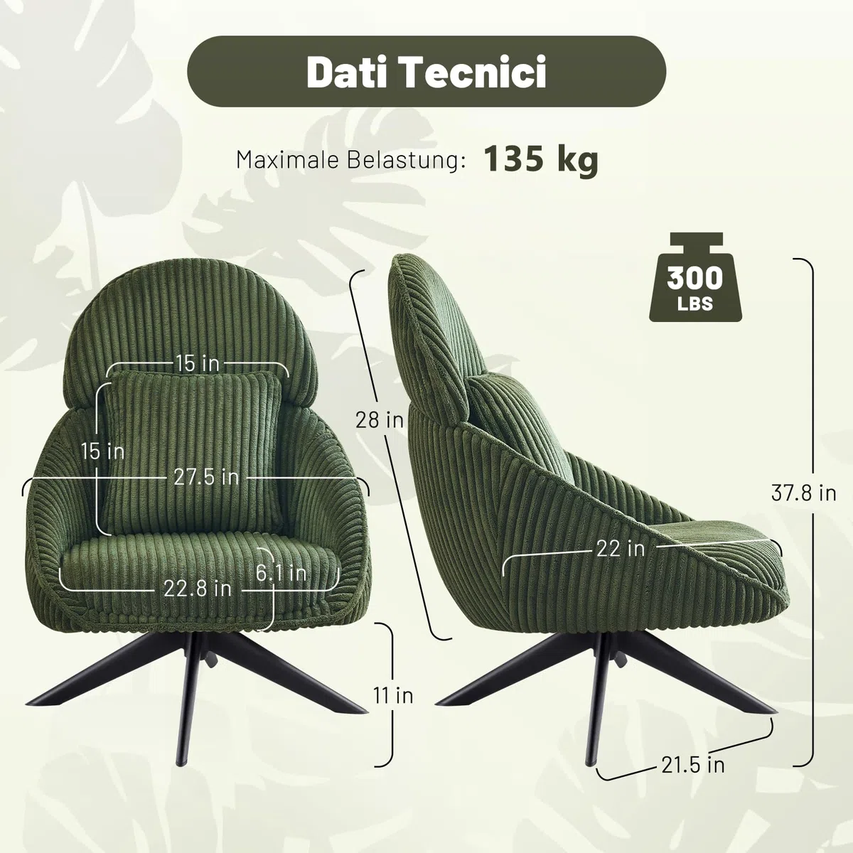 Loungesessel Sessel Wohnzimmer 360°Drehbar, Ohrensessel Armlehnstuhl Polsterstuhl mit dickem Abnehmbares Wurfkissen, Lesesessel Relaxsessel für Wohnzimmer Schlafzimmer Büro, Grün