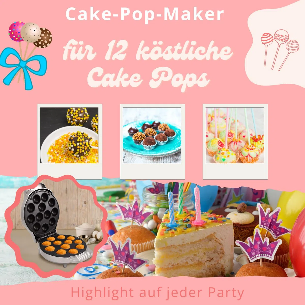 Syntrox Cake Pop Maker | Maschine | Popcakes Maker für 12 Cake Pops, 1200 Watt, Silber, Antihaftbeschichtet, backautomat, Festtagsgebäck selber machen, kleine kuchen Backmaschine