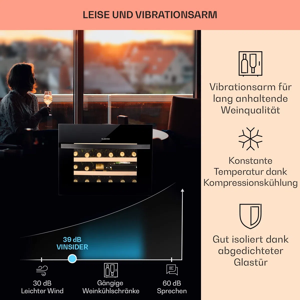 Klarstein Einbau-Weinkühlschrank, 1 Zonen Getränkekühlschrank Klein, Kleiner Weinschrank 51L, Wein-Kühlschrank Klein mit Glastür, Indoor/Outdoor Flaschenkühlschrank, Wine Fridge 24 Flaschen