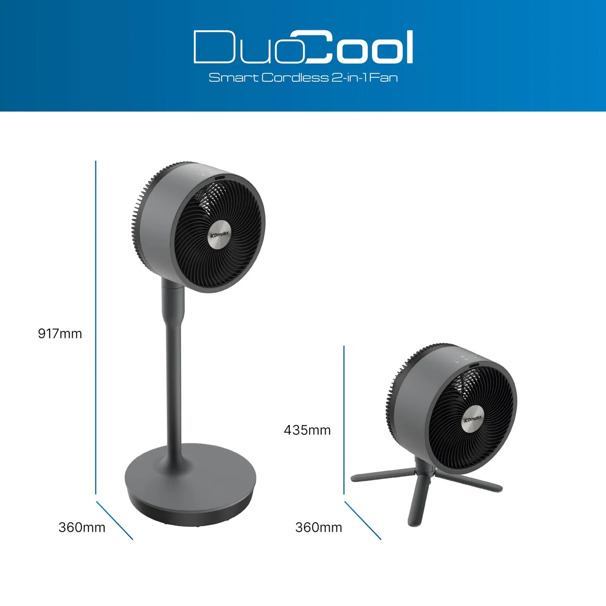 Dimplex DUOCOOL Smart 2-in-1 Akkuventilator Kabellos, Stand- & Tischventilator, 45 Std. Akku, 5 Geschwindigkeiten+Turbo, 20m Reichweite, Leiser Ventilator(36dB), App, Google Home & Alexa, Fernbedienung
