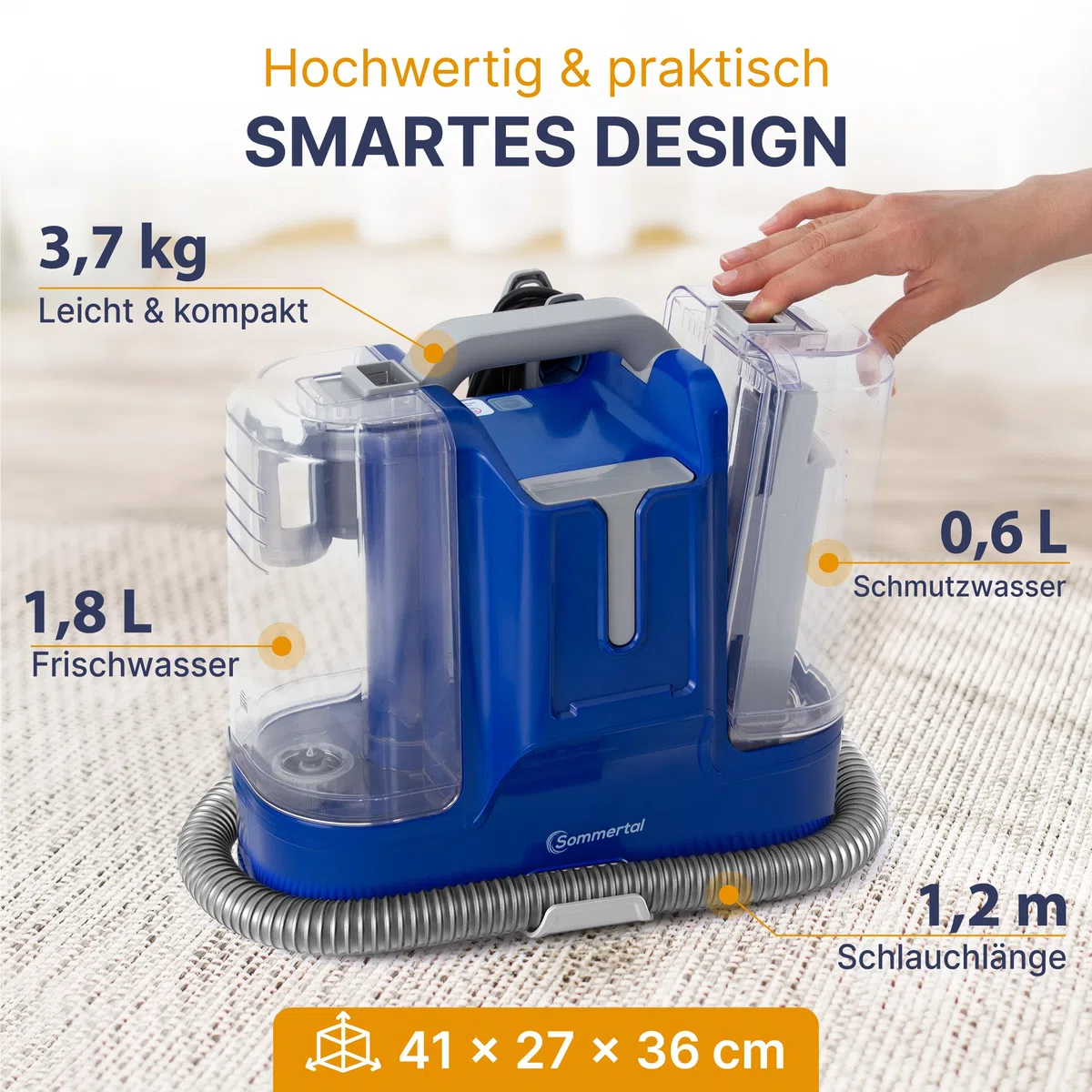 SOMMERTAL MultiCleaner WS450 5in1 Gerät für Teppiche, Treppen, Polster, Sofa, Auto, Tiere, Flecken, Leistungsstarker 450w Motor, Waschsauger, mit Zubehör, Selbstreinigung