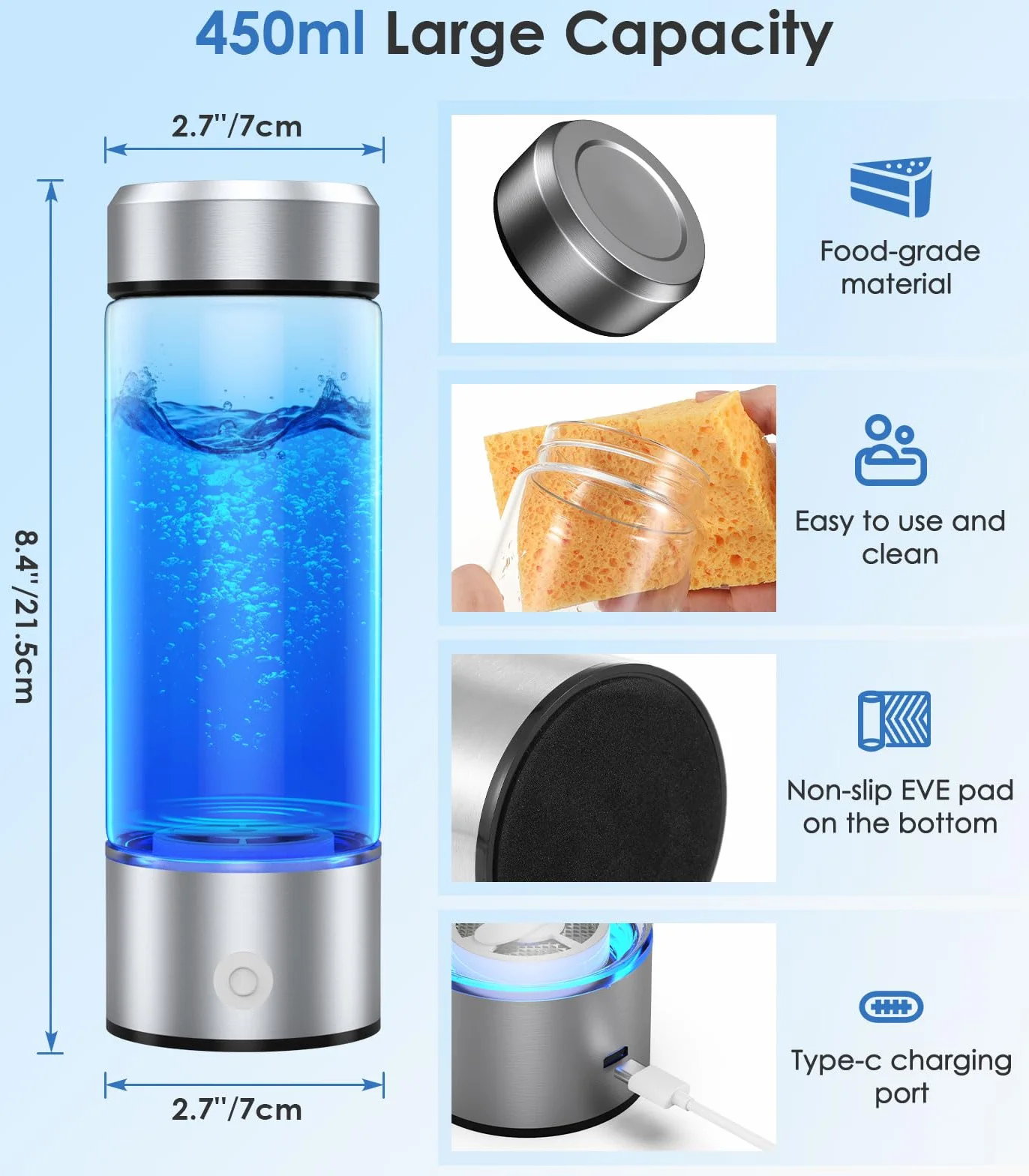 Roylvan Maker Maschine Wasserstoff Wasser Tragbarer, 450ml Wiederaufladbarer, Wasserstoff Wasserflasche Verbesserung der Wasserqualität in 3 Minuten Wasserstoff Wasserflasche für Haus Büro, Silber