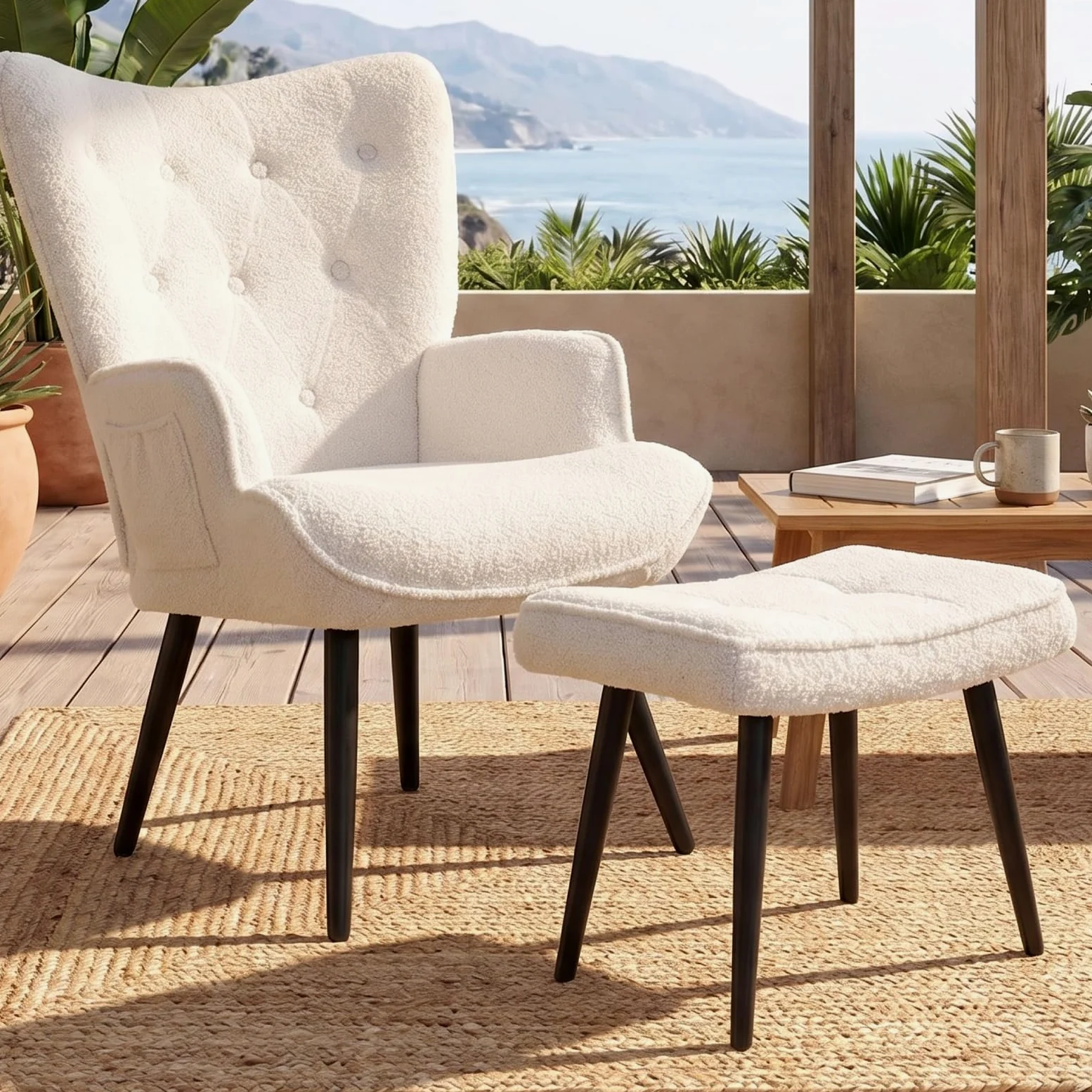 CLEVICH Ohrensessel - Gemütlicher Loungesessel mit Hocker, Lesesesselaus, Teddystoff Armchair für Wohnzimmer & Schlafzimmer - Bis 168kg, Weiß