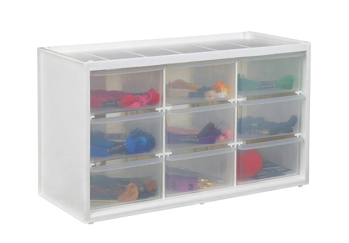 ArtBin 0365498 Store In Schubladenschrank, Näh-und Bastelorganisation, Kunststoff-Aufbewahrungseinheit mit 9, Weiß mit transparenten Schubladen, Drawer