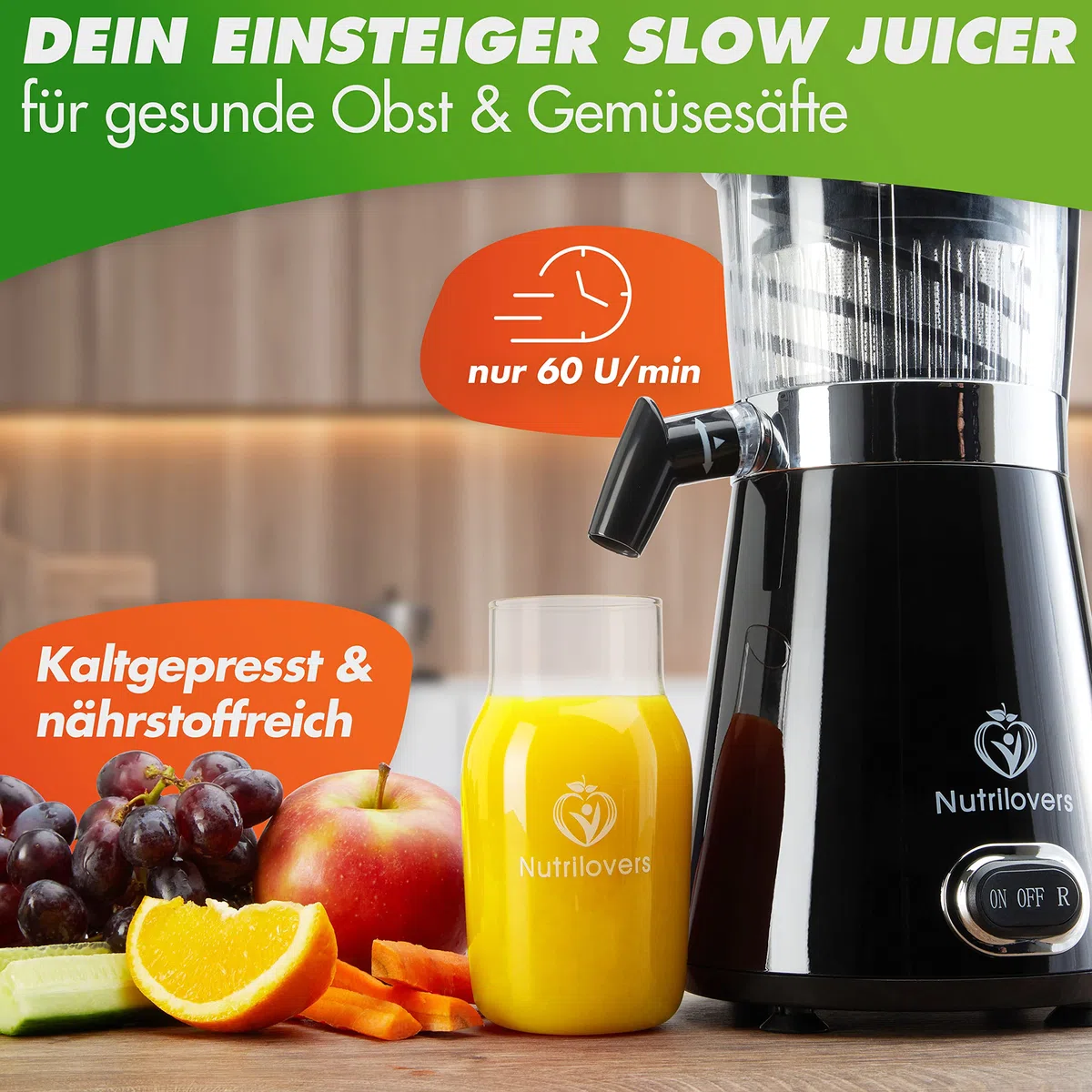 Nutrilovers Entsafter Slow Juicer NUTRI-PRESS Obst & Gemüse Entsafter - BPA-frei, 350 Watt, Sehr Leise, Ideal für Einsteiger Inkl. To Go Slow Juice Trinkflasche + Rezepte App