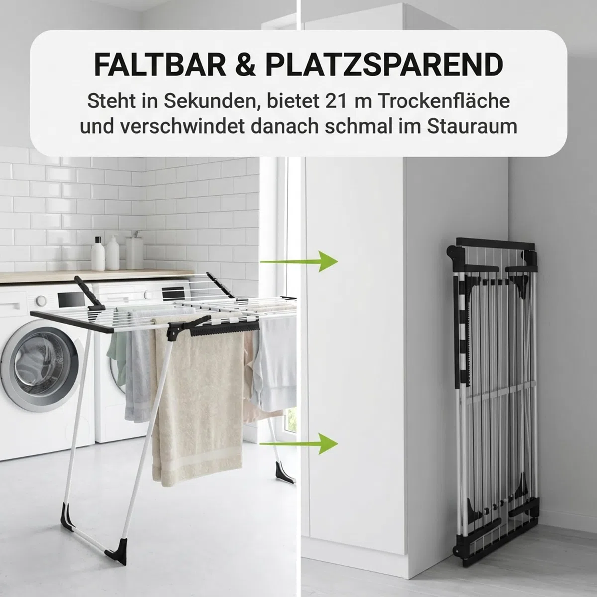 Gardissimo Ausziehbarer Wäscheständer Extend, 21 m Trockenfläche | Ausklappbare Flügel, Extra Dicke Leinen, Integrierte Rollen, Faltbar und Platzsparend