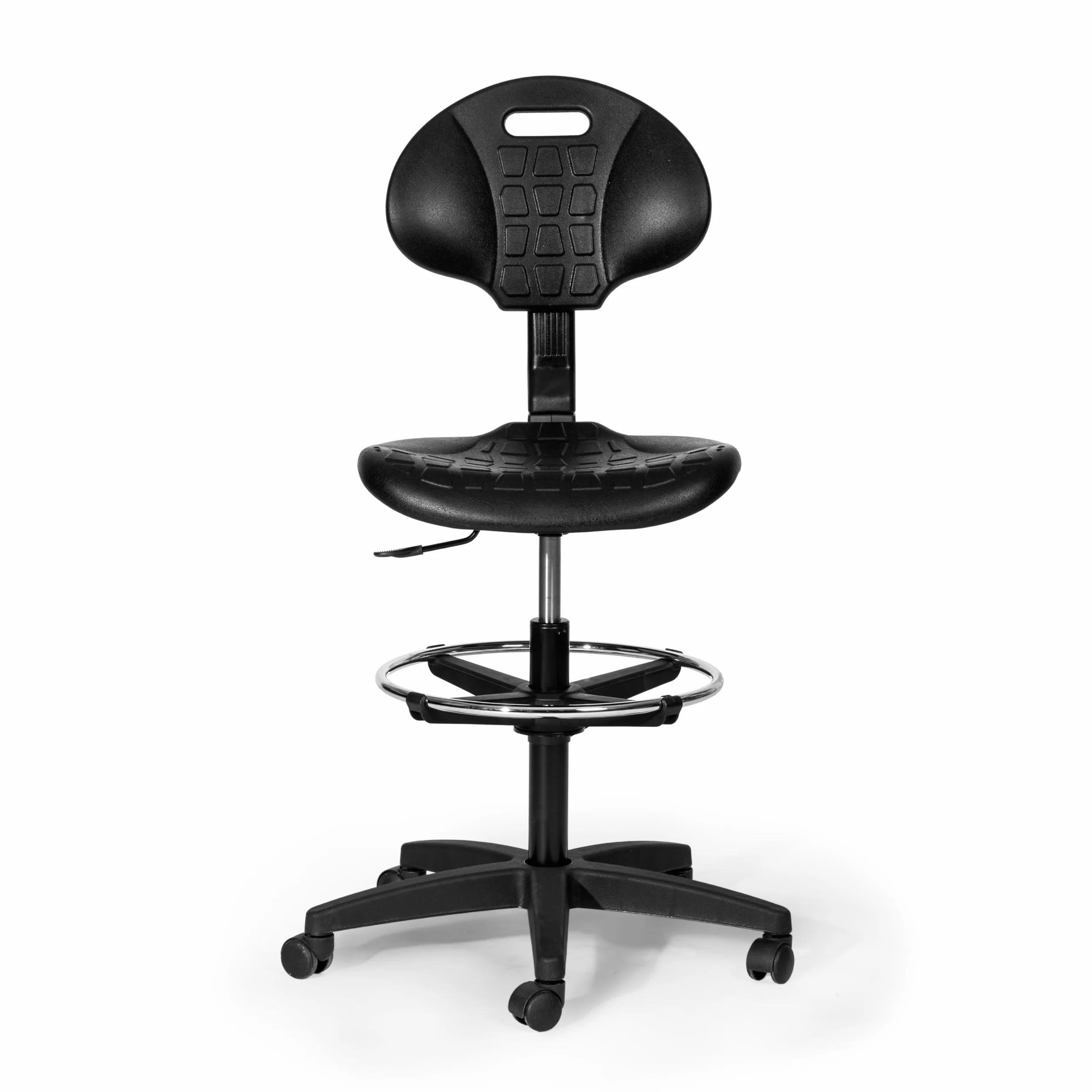 Topsit IND102 Arbeitsstuhl aus Polyurethan, ergonomischer Bürohocker, Werkstattstuhl, höhenverstellbar und mit Verstellbarer Rückenlehne, leicht zu reinigen, Stabiler Stuhl mit verstellbarem Fußring.