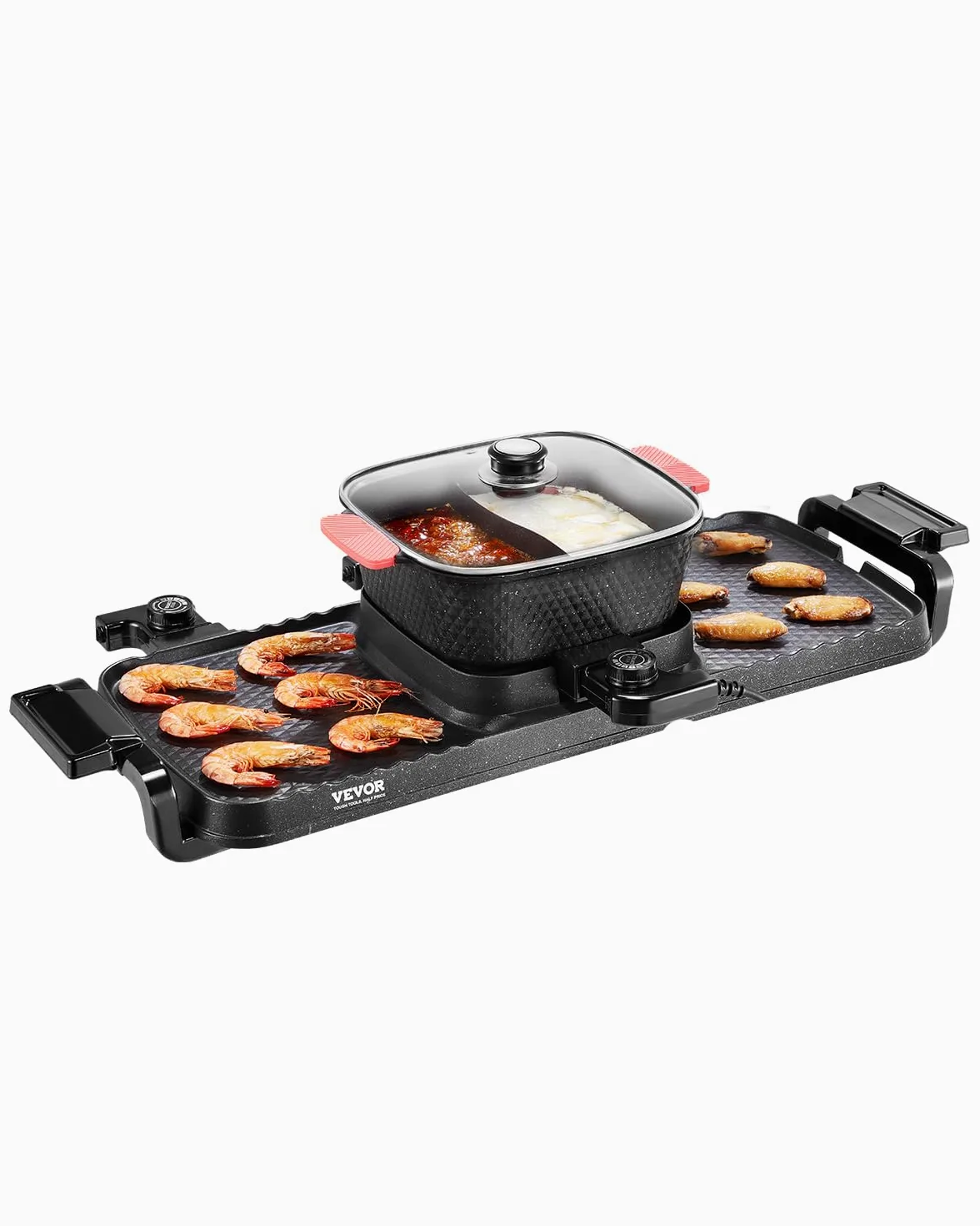 VEVOR Hot Pot 2300 W 2 in 1 elektrischer rauchfreier Grill abnehmbarer Shabu-Shabu-Topf mit Antihaft-Pfanne, separate doppelte Temperaturregelung, koreanischer Indoor BBQ Grill für 1–6 Personen