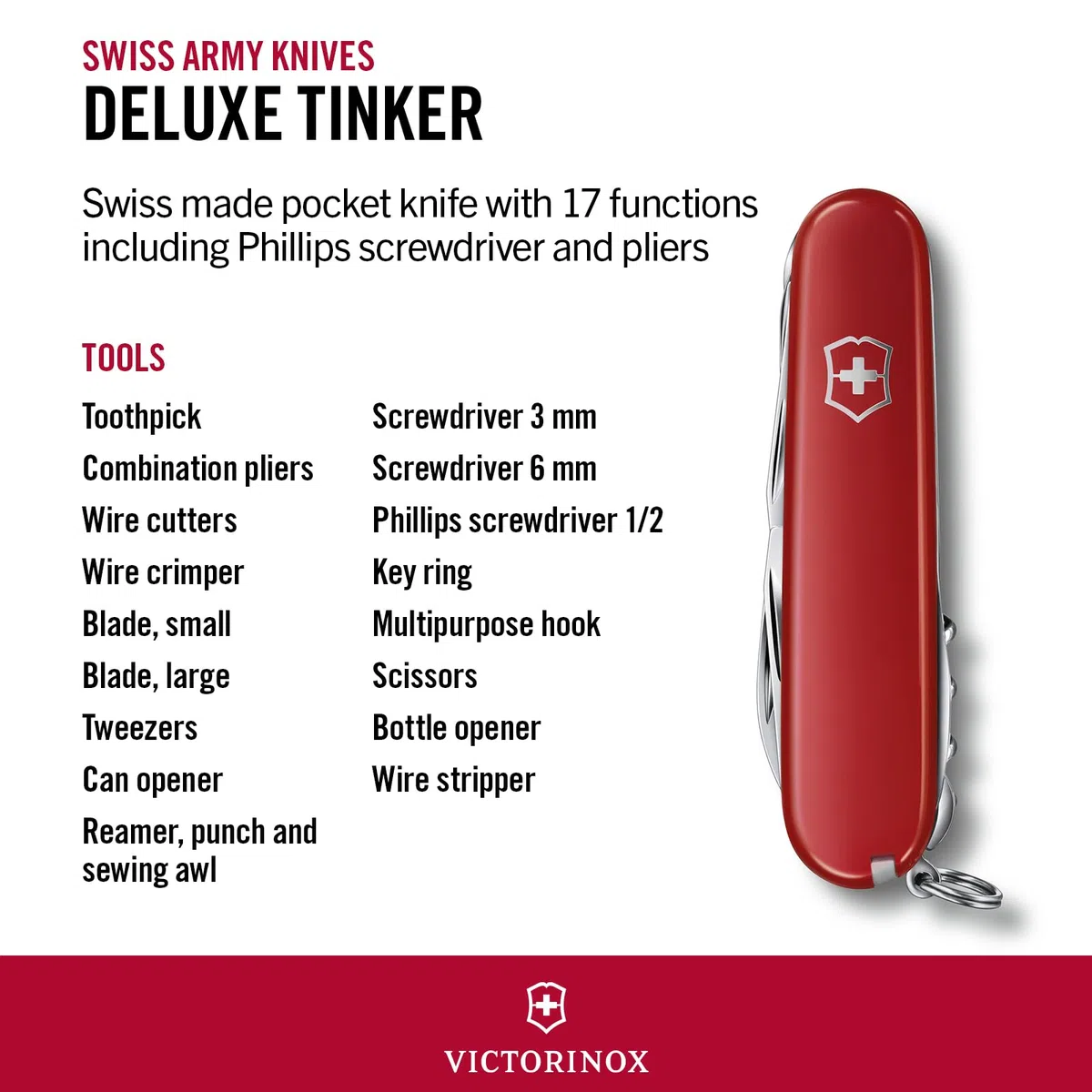 Victorinox Schweizer Taschenmesser, Deluxe Tinker, Multitool, 17 Funktionen, Klinge, gross, Dosenöffner, Schraubendreher 3 mm, Rot