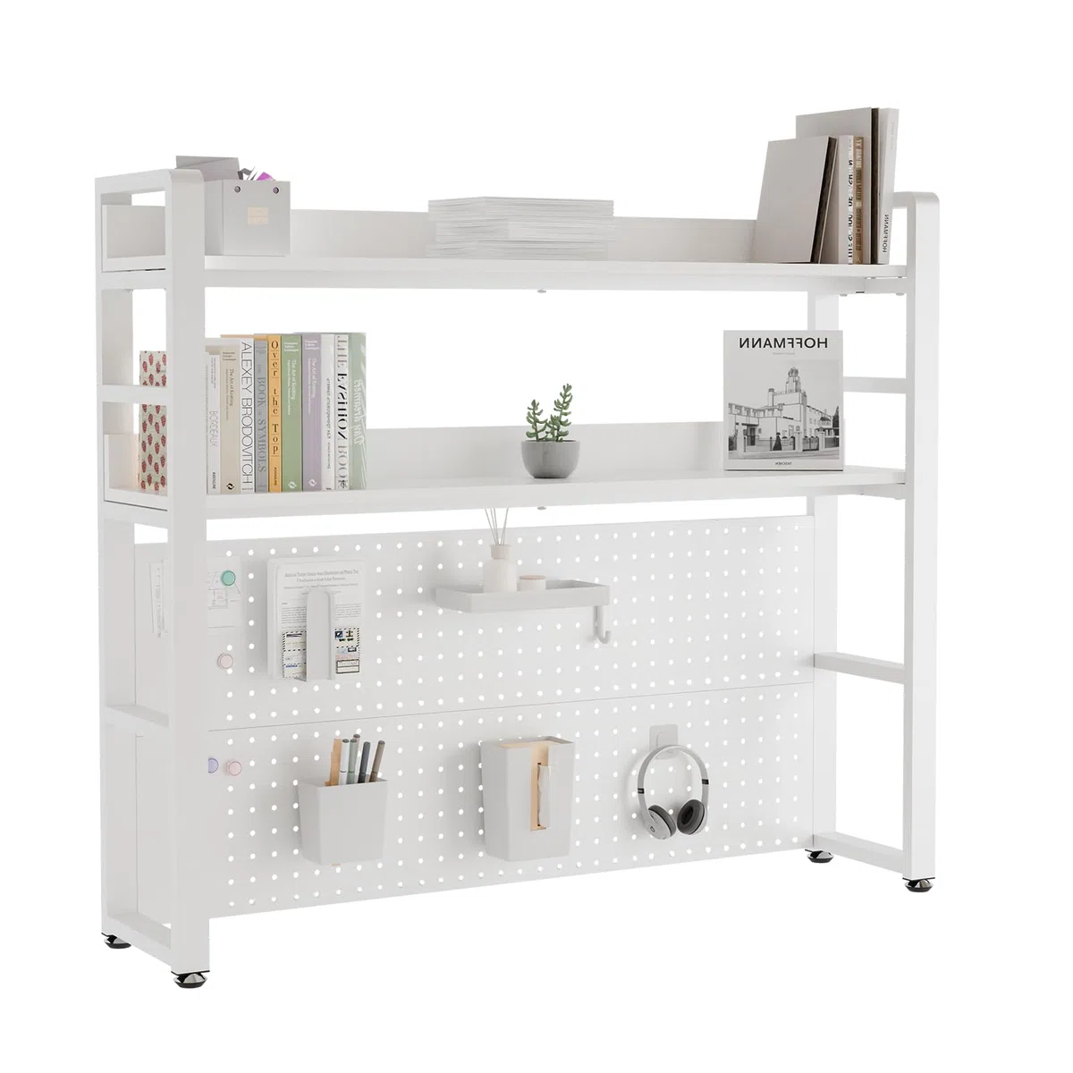 2-Ebene Schreibtisch Regal mit versteckten Schrauben Design, weiß 110CM, Desktop Organizer mit Festplatte