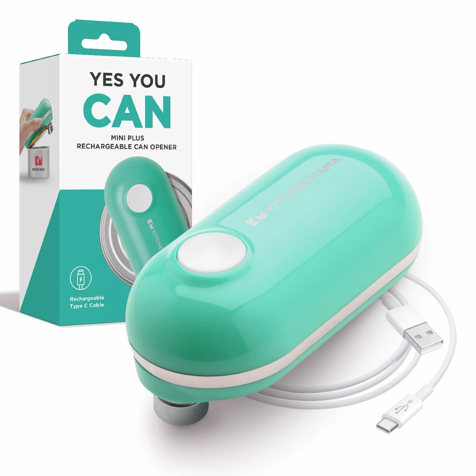 Kitchen Mama Mini Plus Wiederaufladbarer elektrischer Dosenöffner: Kompakt, Aufladen über Typ-C Ladekabel, freihändig, automatische Abschaltung, glatte Ränder, lebensmittelecht (Türkis)