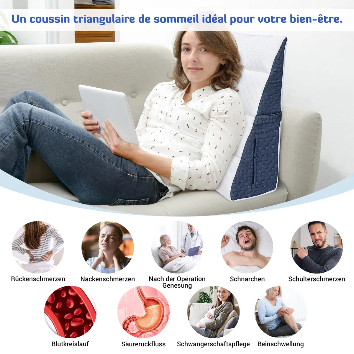 INFANZIA Vielseitig Keilkissen 21cm Erhöhung für Bett und Sofa, Dreieckskissen aus Hochdichteschaum, Ergonomischer Bettkeil für Reflux Schlafapnoe, Rückenstütze & Beinauflage für Lesen (Weißblau)