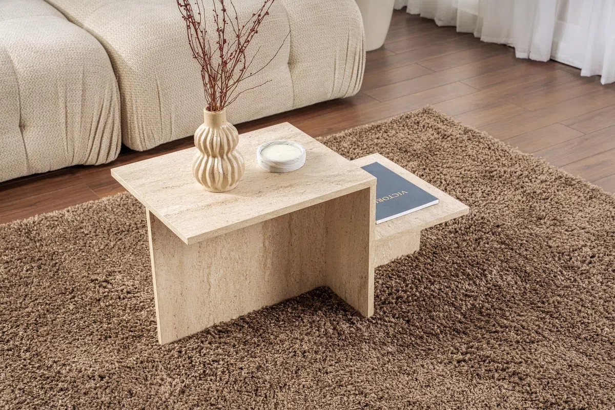 Moderner rustikaler Couchtisch, Travertin, 80 x 40 x 40 | aus 100% melaminbeschichteter Spanplatte, Stärke: 18 mm | perfekt für modernes Homeoffice & Arbeitszimmer, Elegantes & funktionales Design