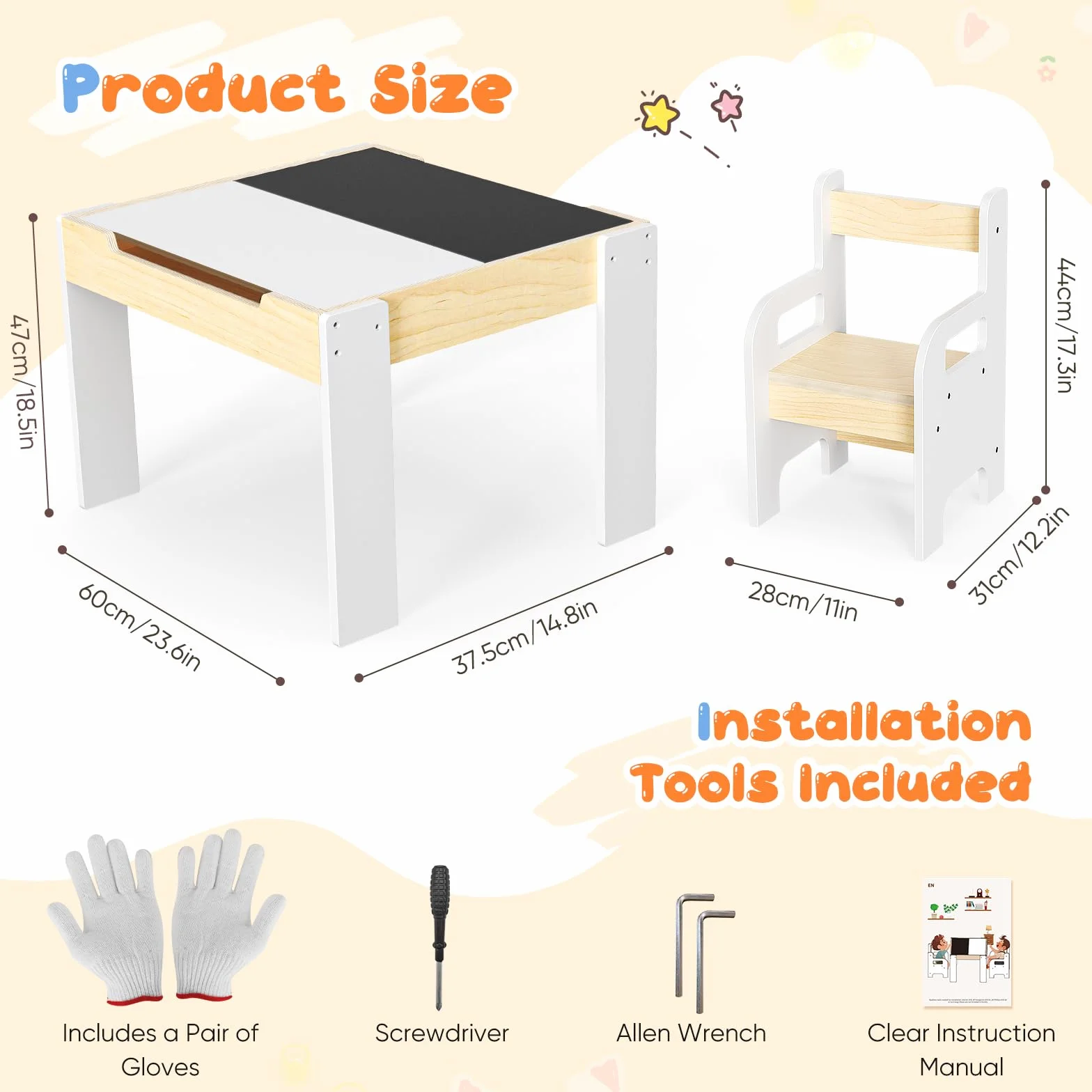 Kindertisch Stuhl Set mit 2 Stühlen, Multifunktionaler Spieltisch mit Tafel, Holz Lernmöbel mit Stauraum, Ergonomischer Kindertisch für Lernen Malen Spielen Weiß Naturholz