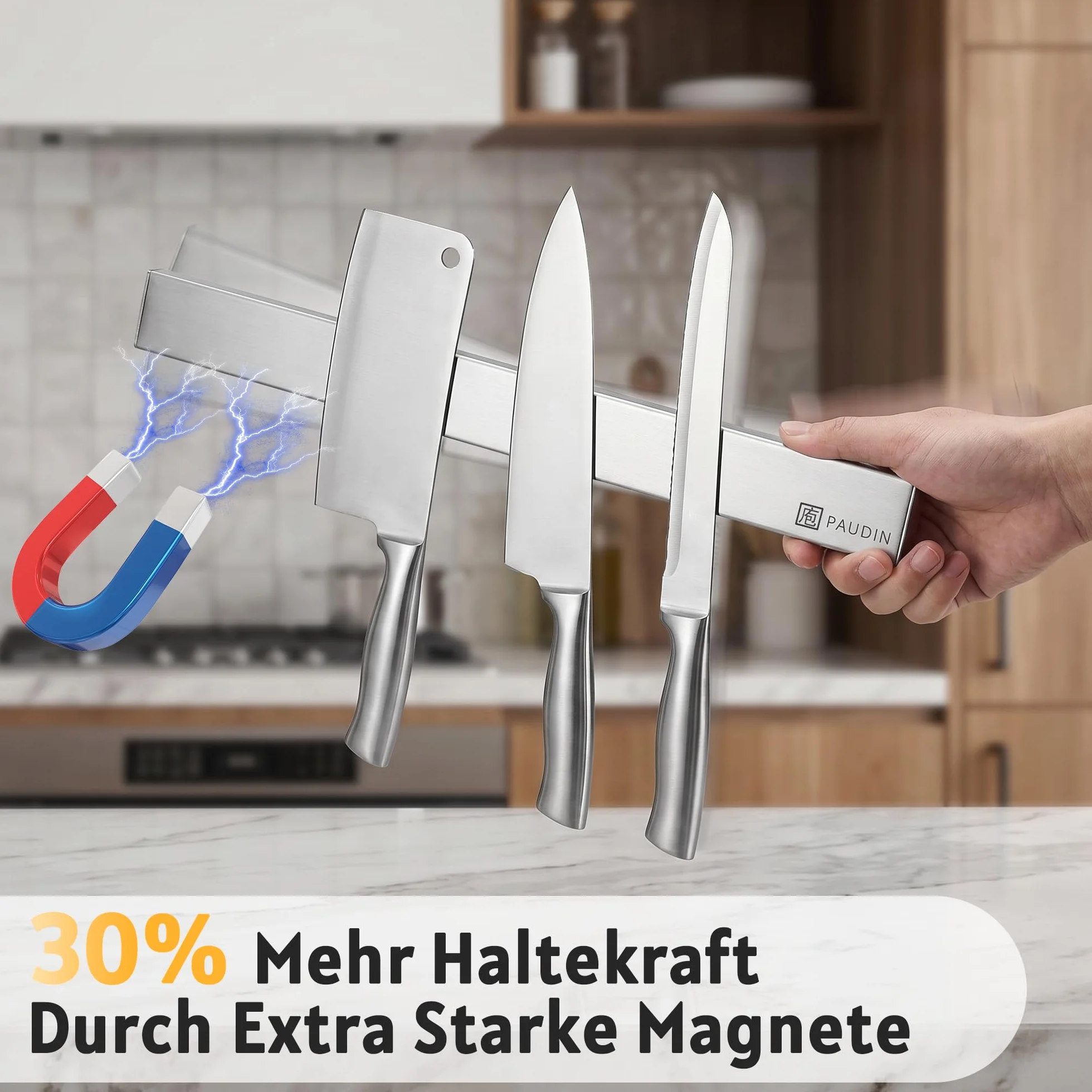 PAUDIN Magnetleiste Messer 45 cm Messerleiste magnetische Küchenmesserleiste aus Edelstahl mit extra starkem Magnet als Messerhalter für Wand Selbstklebend für Küchenutensilien oder Werkzeugen